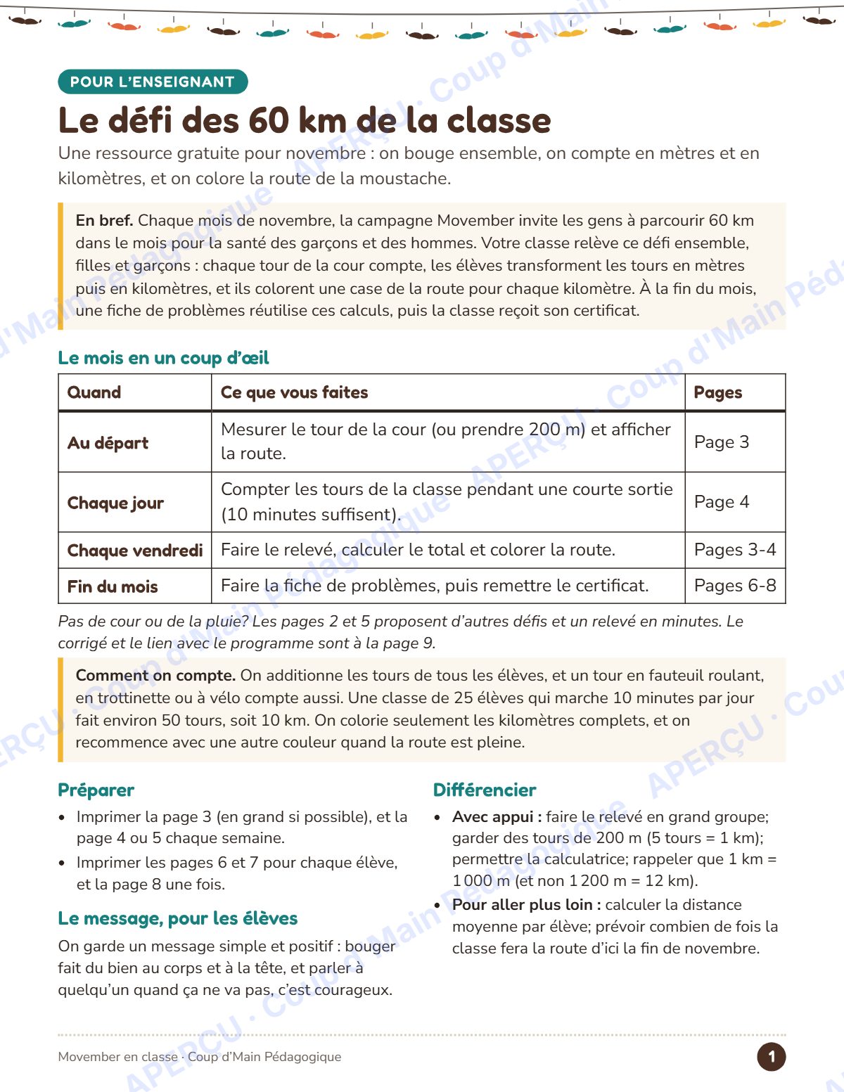 Page 1 — Le défi des 60 km de Movember — 4e-6e année, gratuit