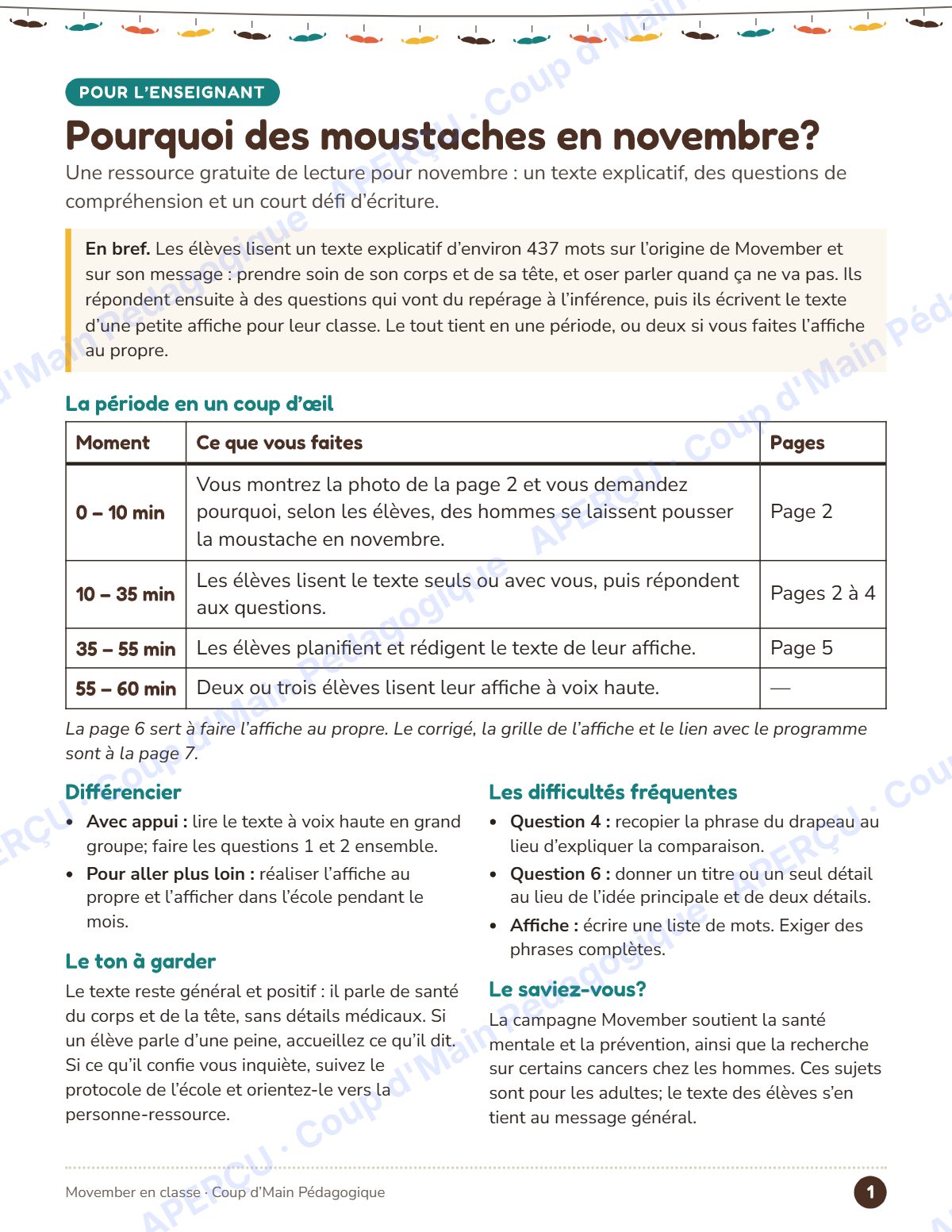 Page 1 — Movember, pourquoi des moustaches — 4e-6e année, lecture