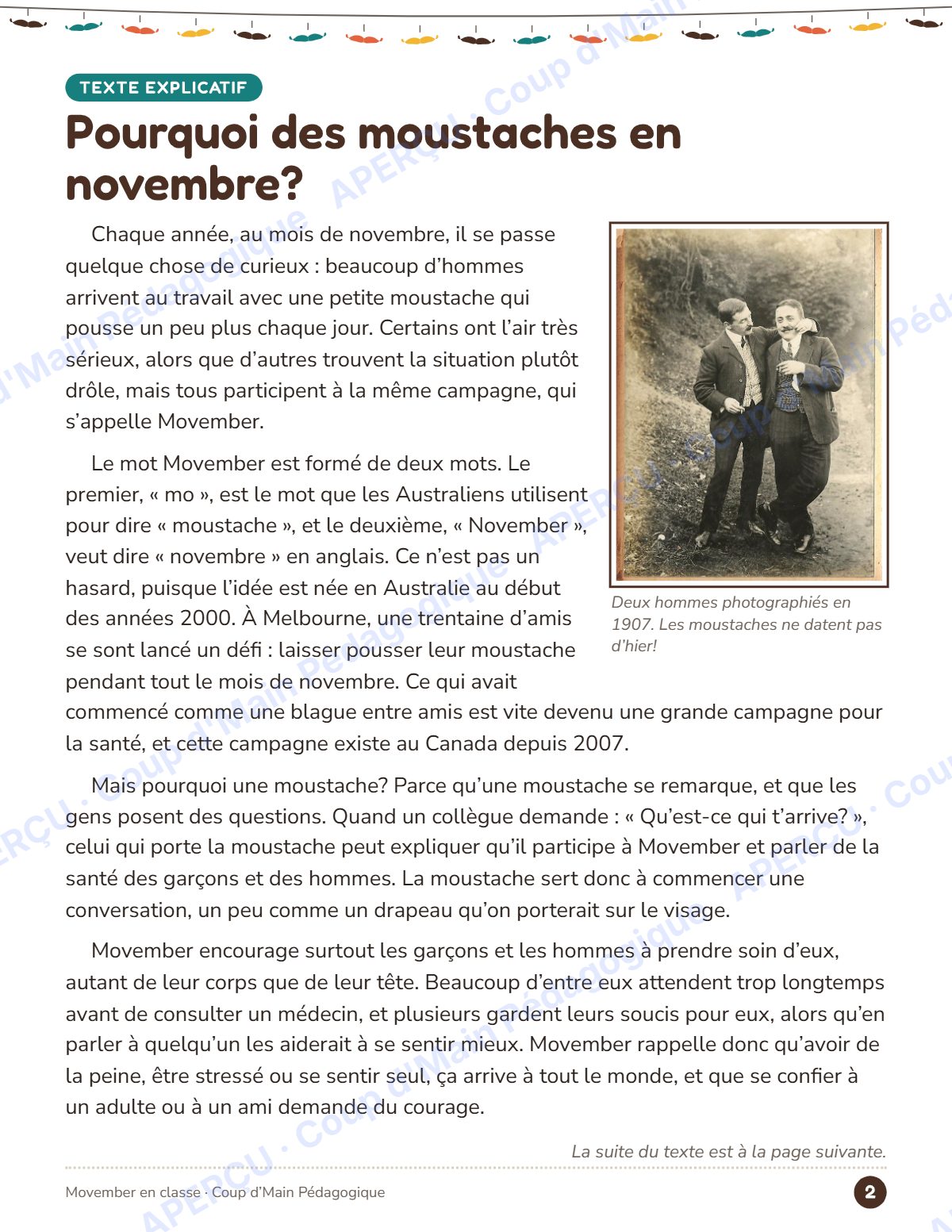 Page 2 — Movember, pourquoi des moustaches — 4e-6e année, lecture