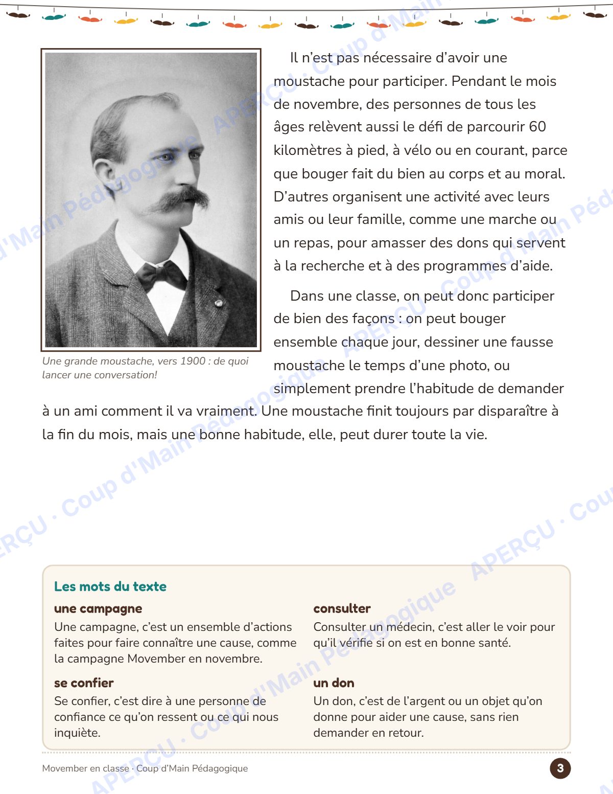 Page 3 — Movember, pourquoi des moustaches — 4e-6e année, lecture