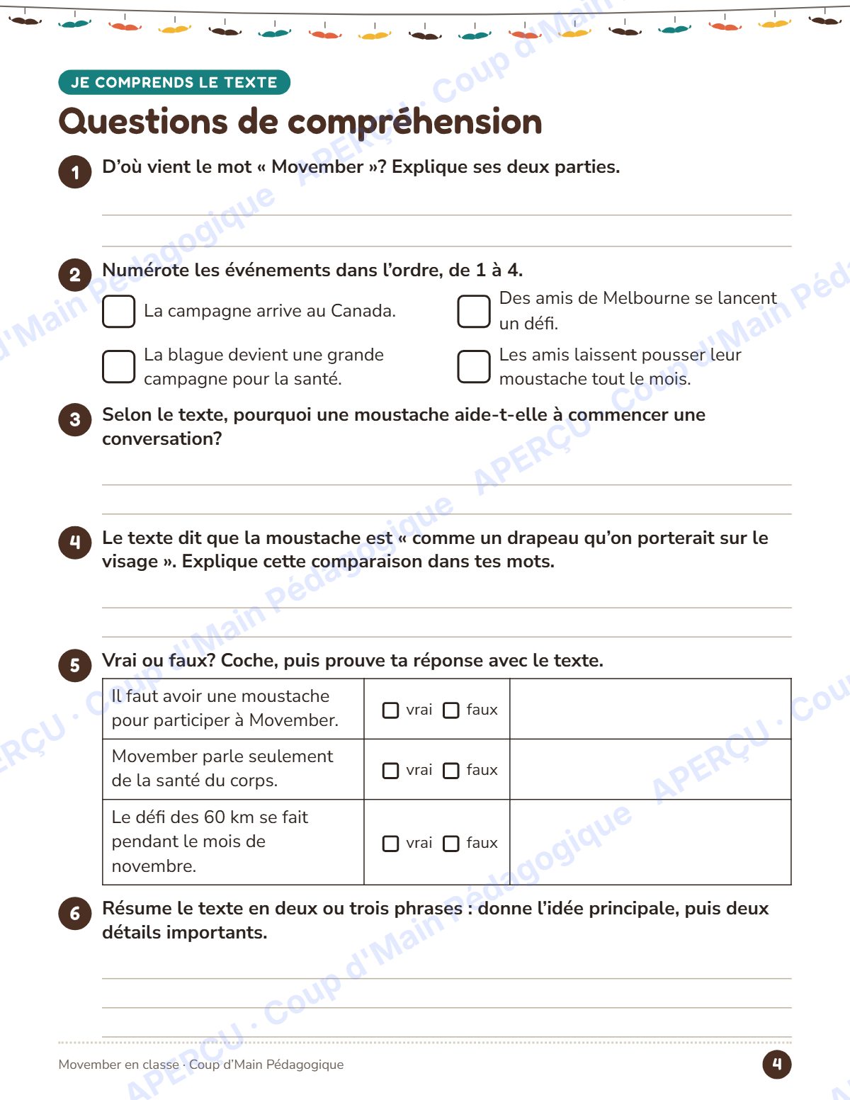 Page 4 — Movember, pourquoi des moustaches — 4e-6e année, lecture