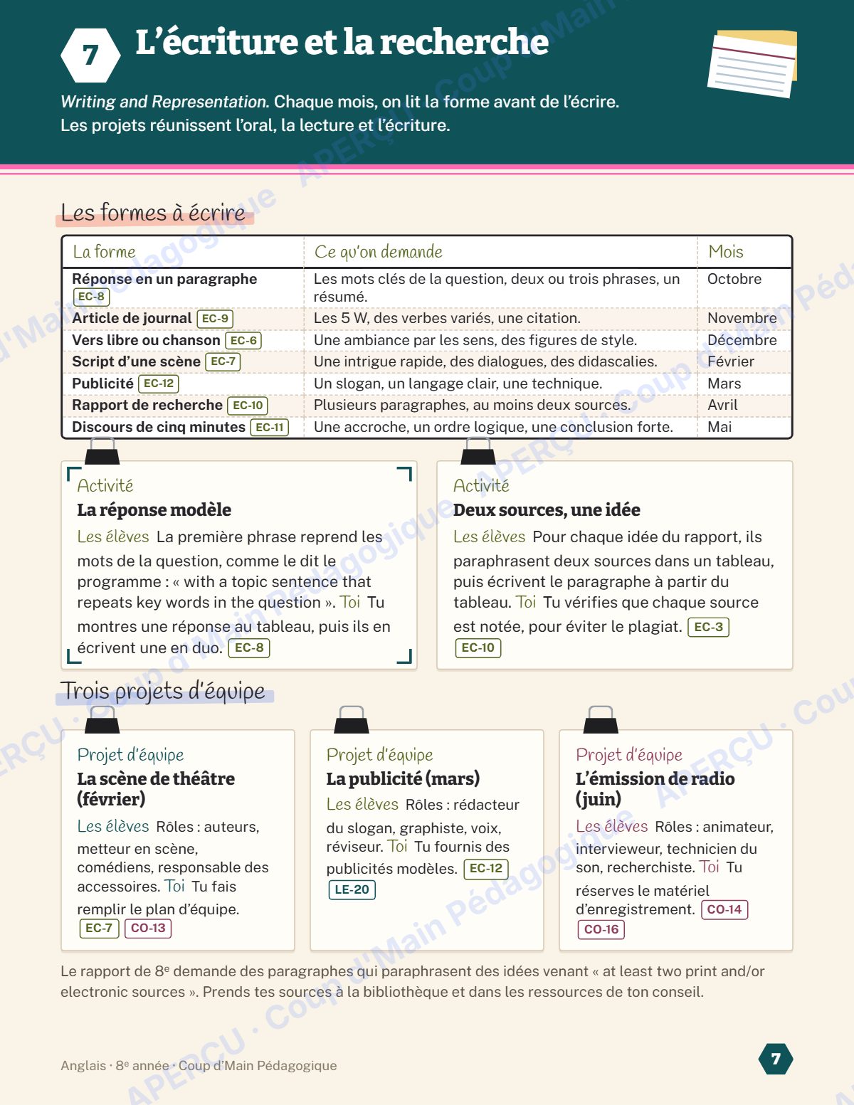 Page 7 — Planification annuelle Anglais — 8e année
