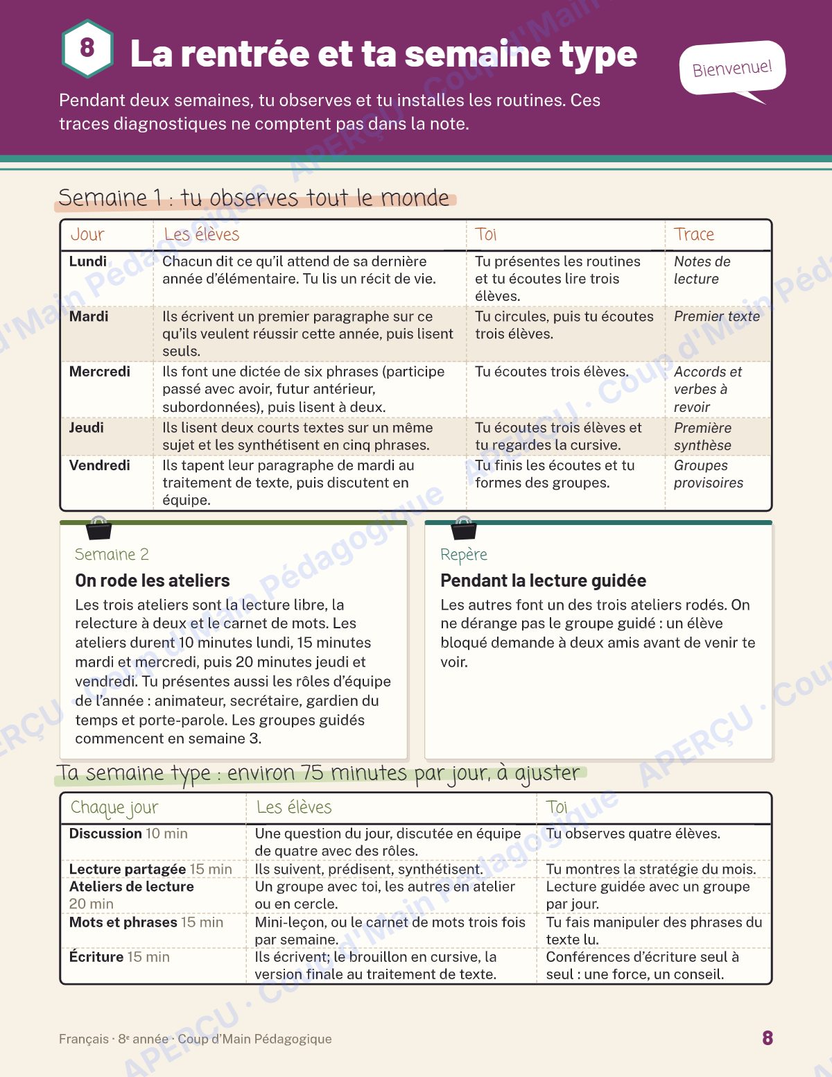 Page 8 — Planification annuelle Français — 8e année