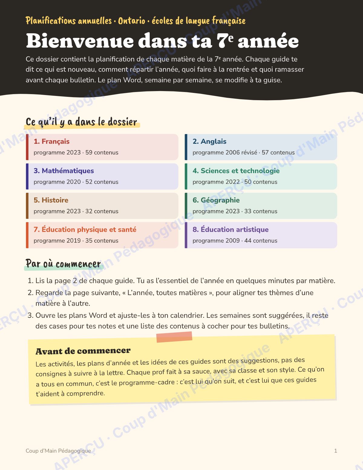 Page 1 — Planification annuelle 7e année — 8 matières