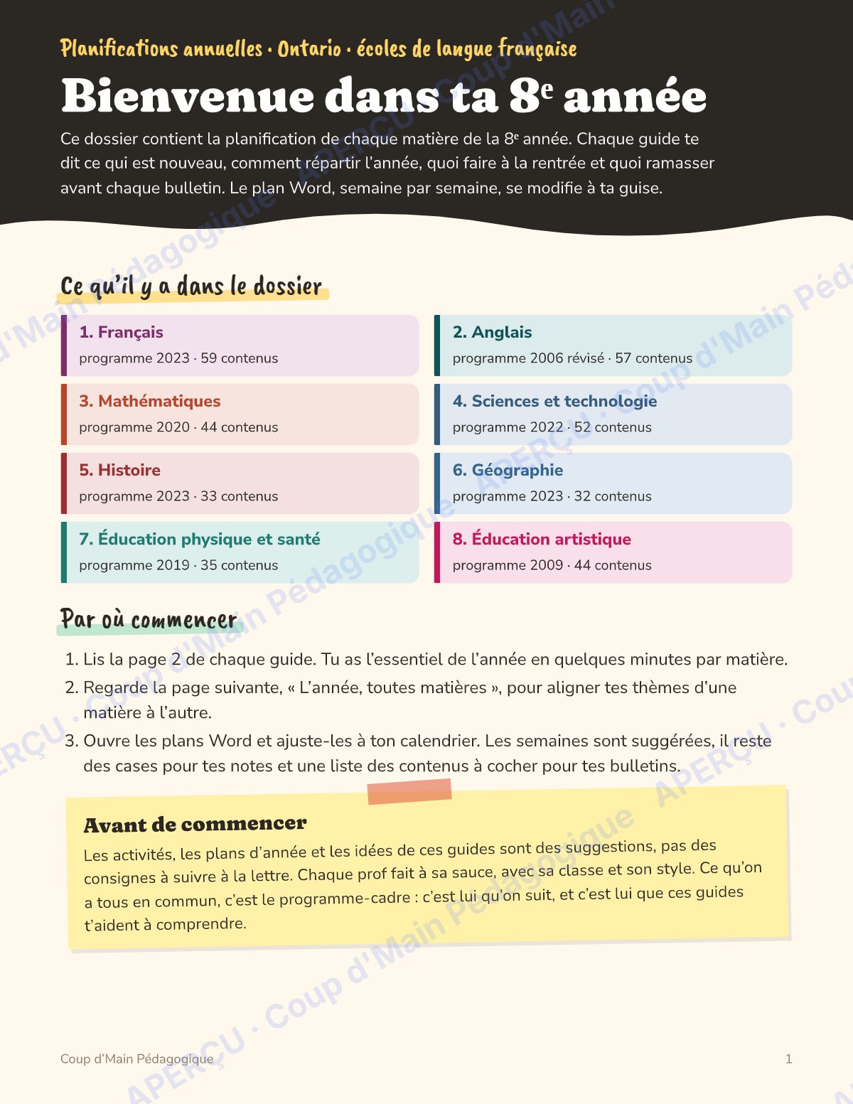 Page 1 — Planification annuelle 8e année — 8 matières