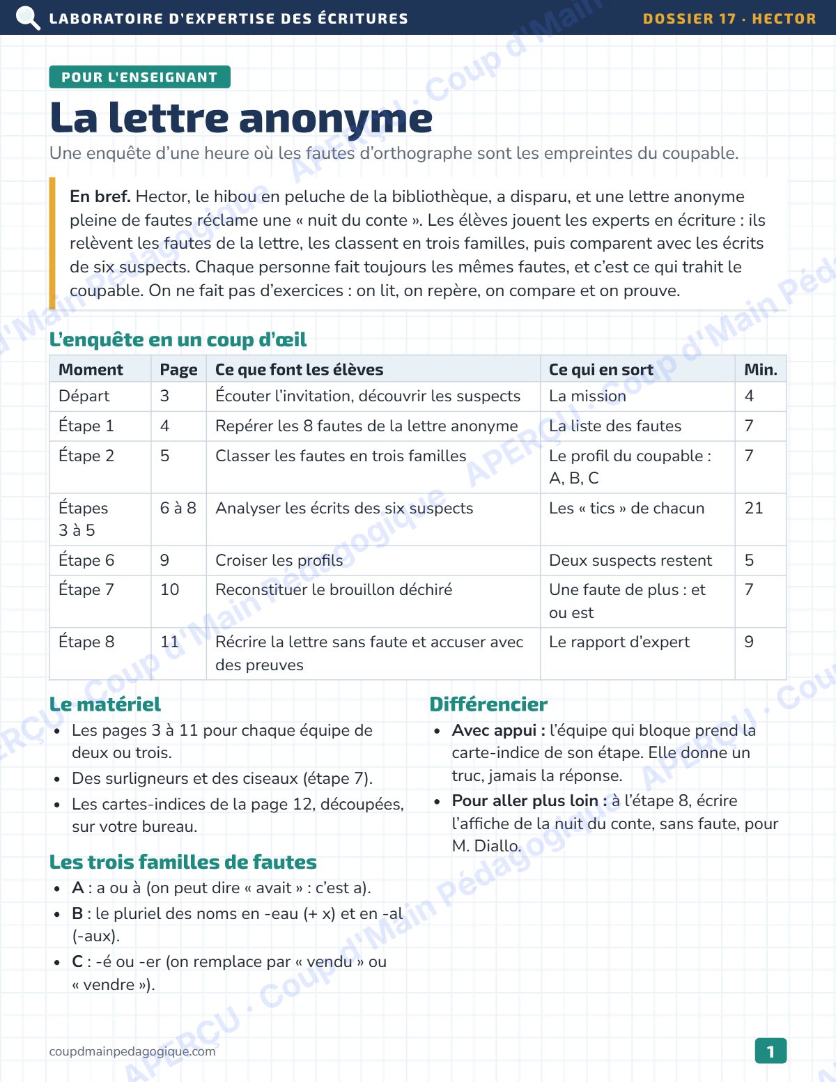 Page 1 — Enquête de français — 4e année, la lettre anonyme