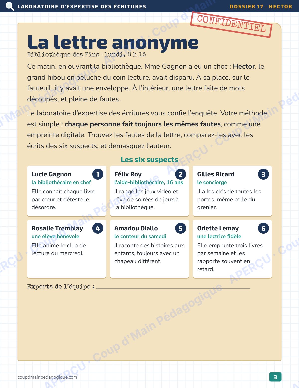 Page 3 — Enquête de français — 4e année, la lettre anonyme