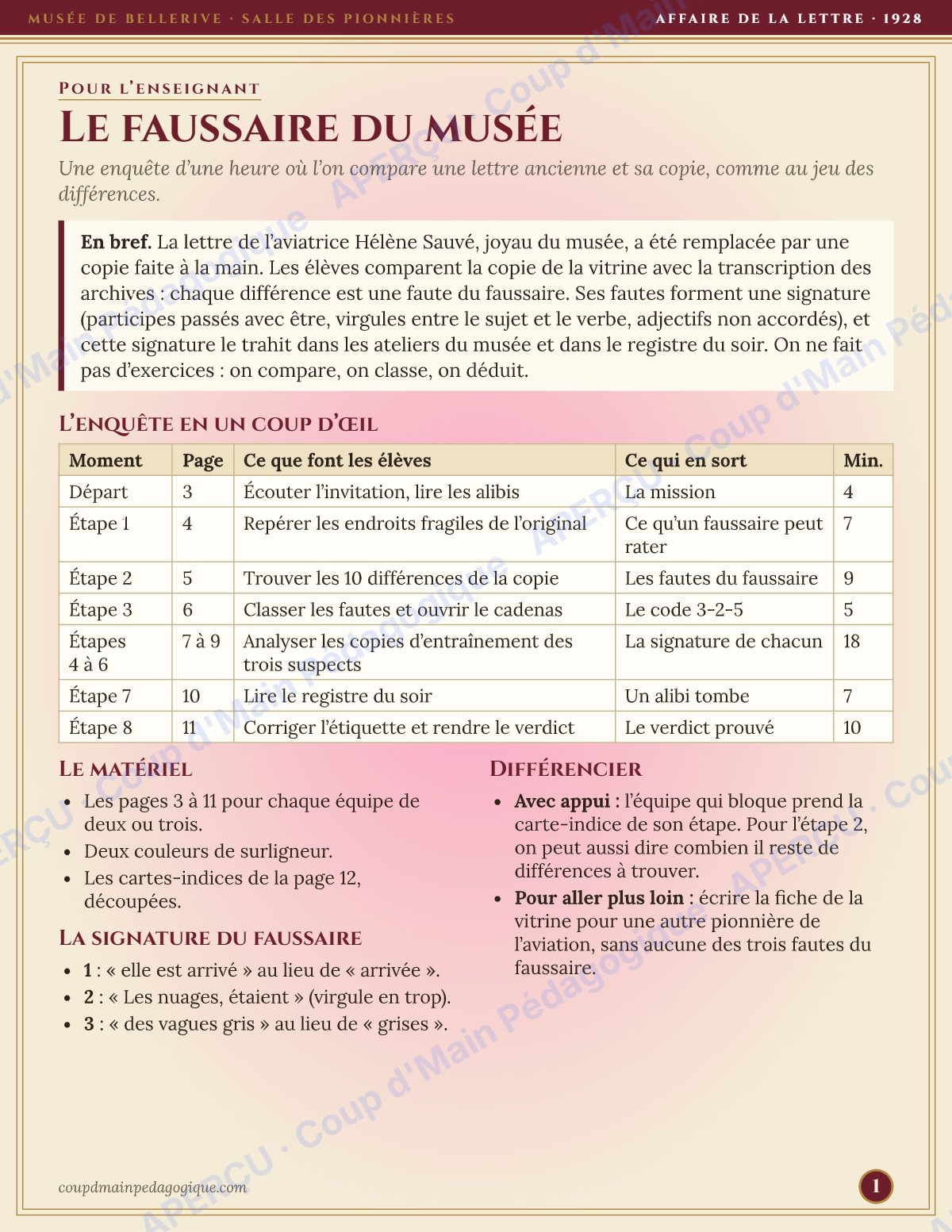 Page 1 — Enquête de français — 5e année, le faussaire du musée