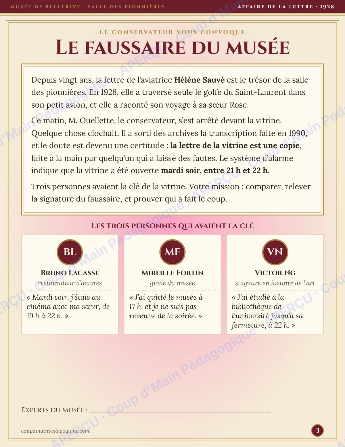 Page 3 — Enquête de français — 5e année, le faussaire du musée