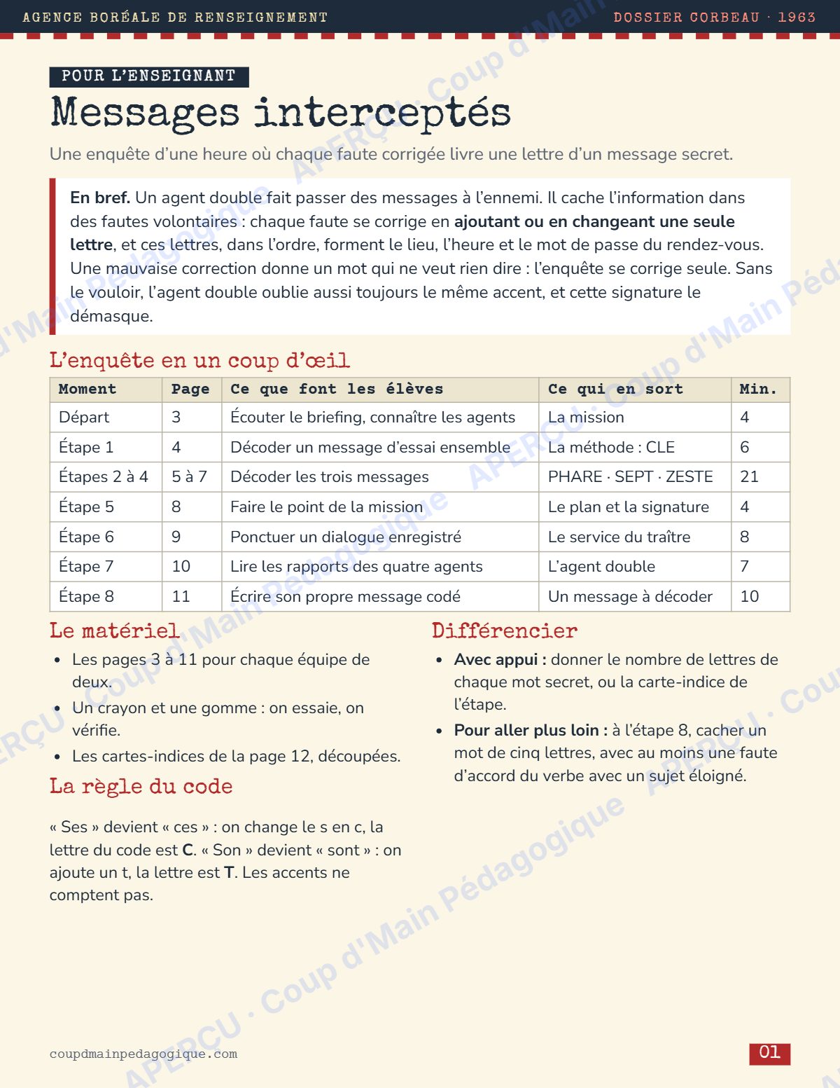 Page 1 — Enquête de français — 6e année, messages interceptés