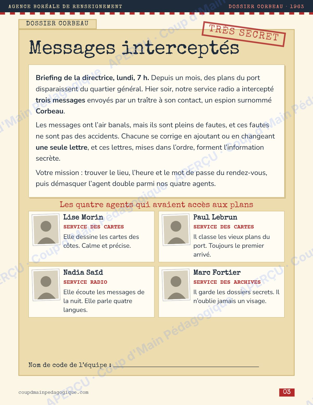 Page 3 — Enquête de français — 6e année, messages interceptés