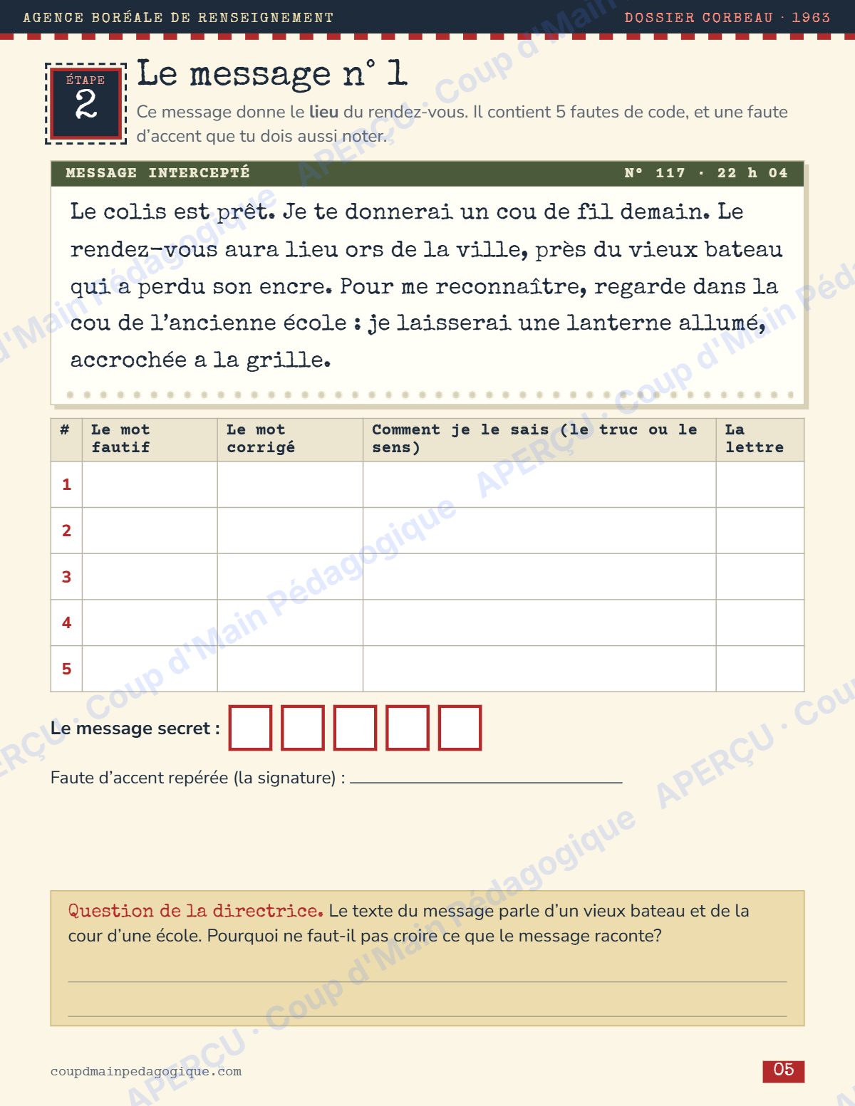 Page 5 — Enquête de français — 6e année, messages interceptés