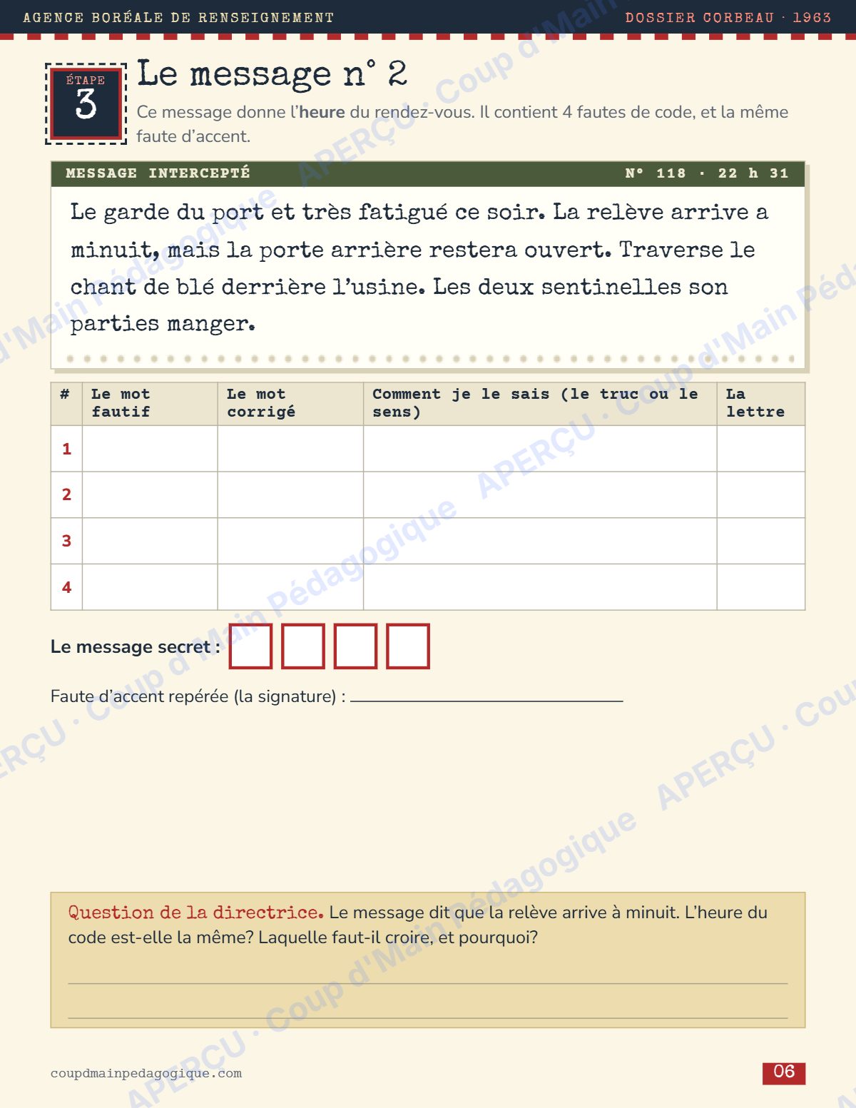 Page 6 — Enquête de français — 6e année, messages interceptés