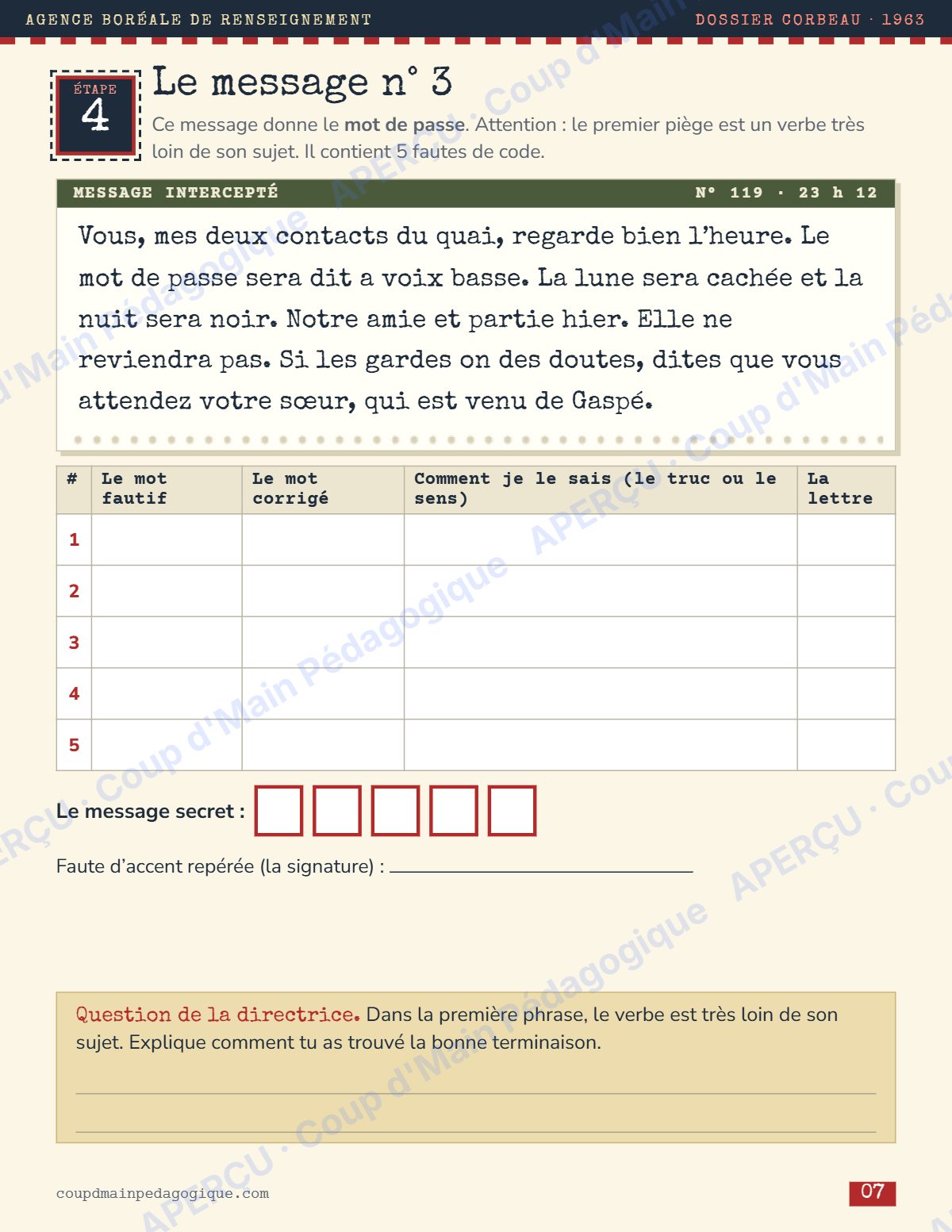 Page 7 — Enquête de français — 6e année, messages interceptés