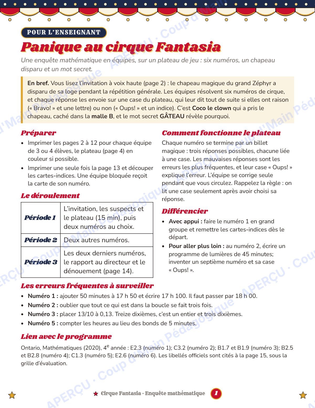 Page 1 — Enquête mathématique — 4e année, panique au cirque