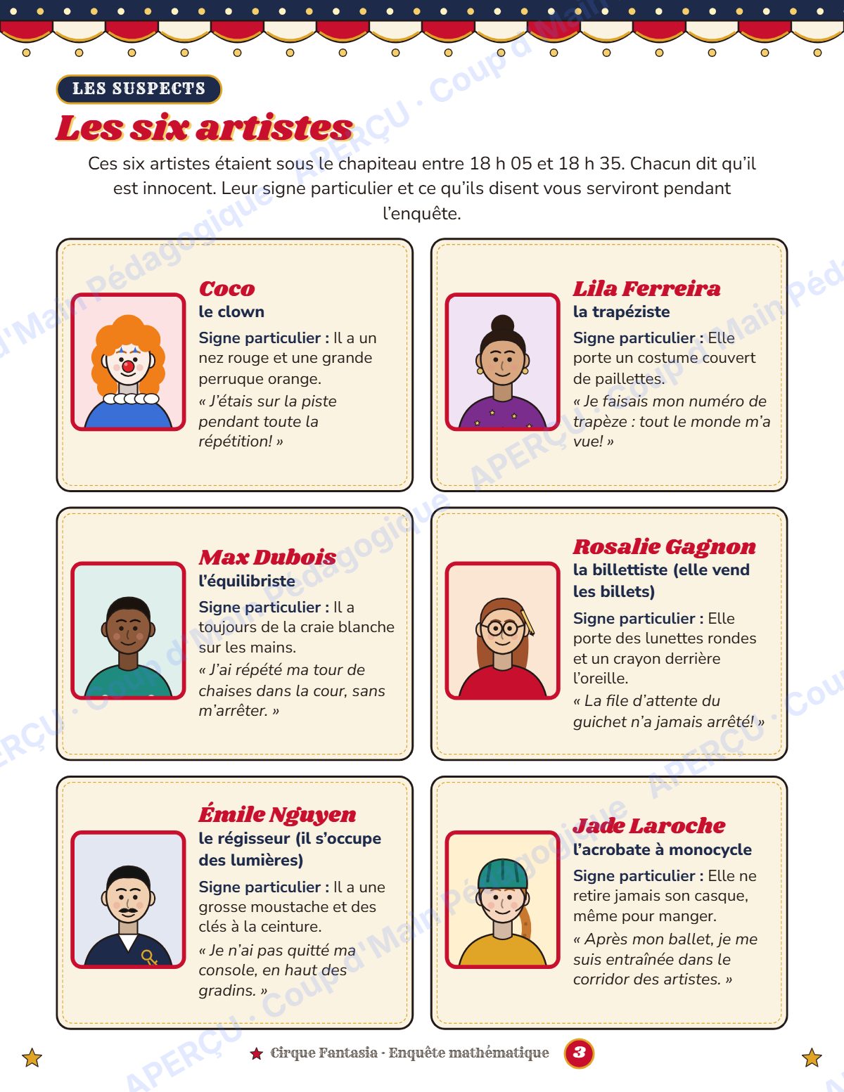 Page 3 — Enquête mathématique — 4e année, panique au cirque