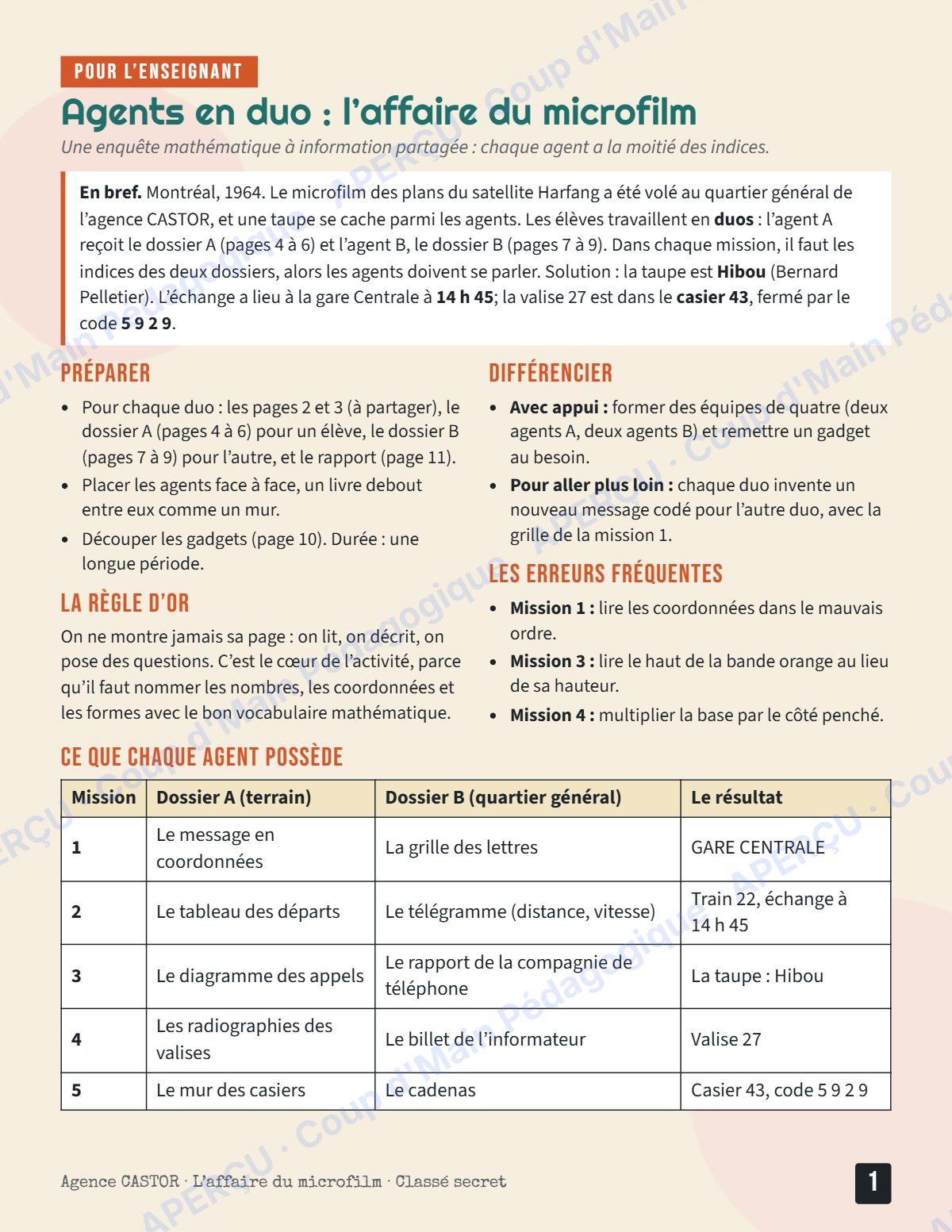 Page 1 — Enquête mathématique — 5e année, agents en duo