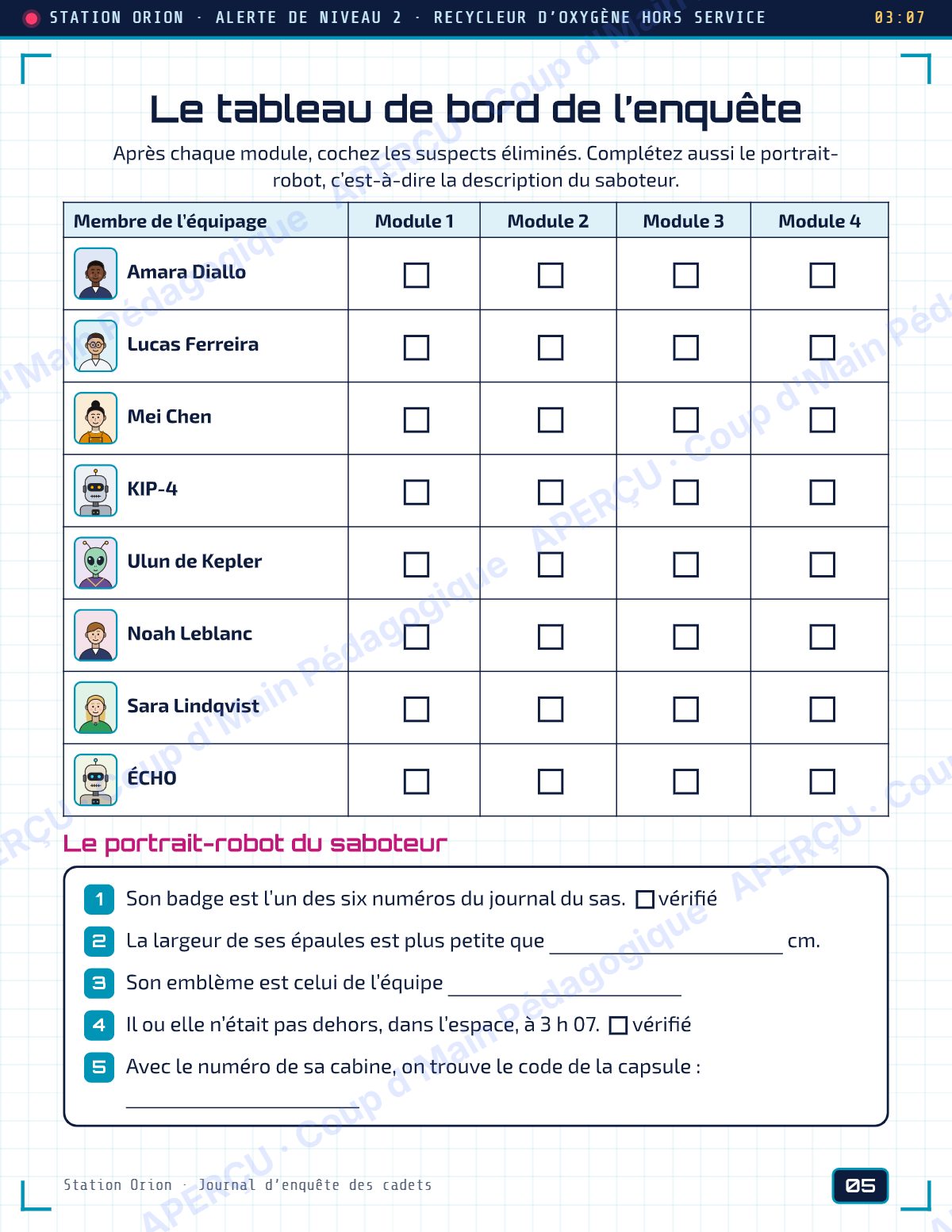 Page 5 — Enquête mathématique — 5e année, la station Orion