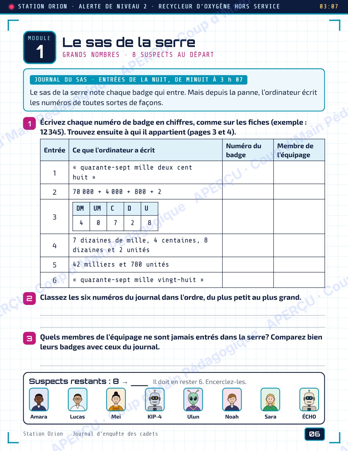 Page 6 — Enquête mathématique — 5e année, la station Orion
