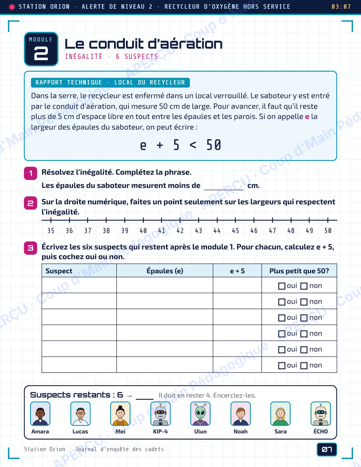Page 7 — Enquête mathématique — 5e année, la station Orion