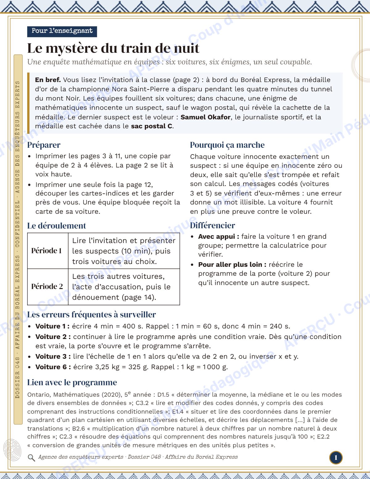 Page 1 — Enquête mathématique — 5e année, le train de nuit