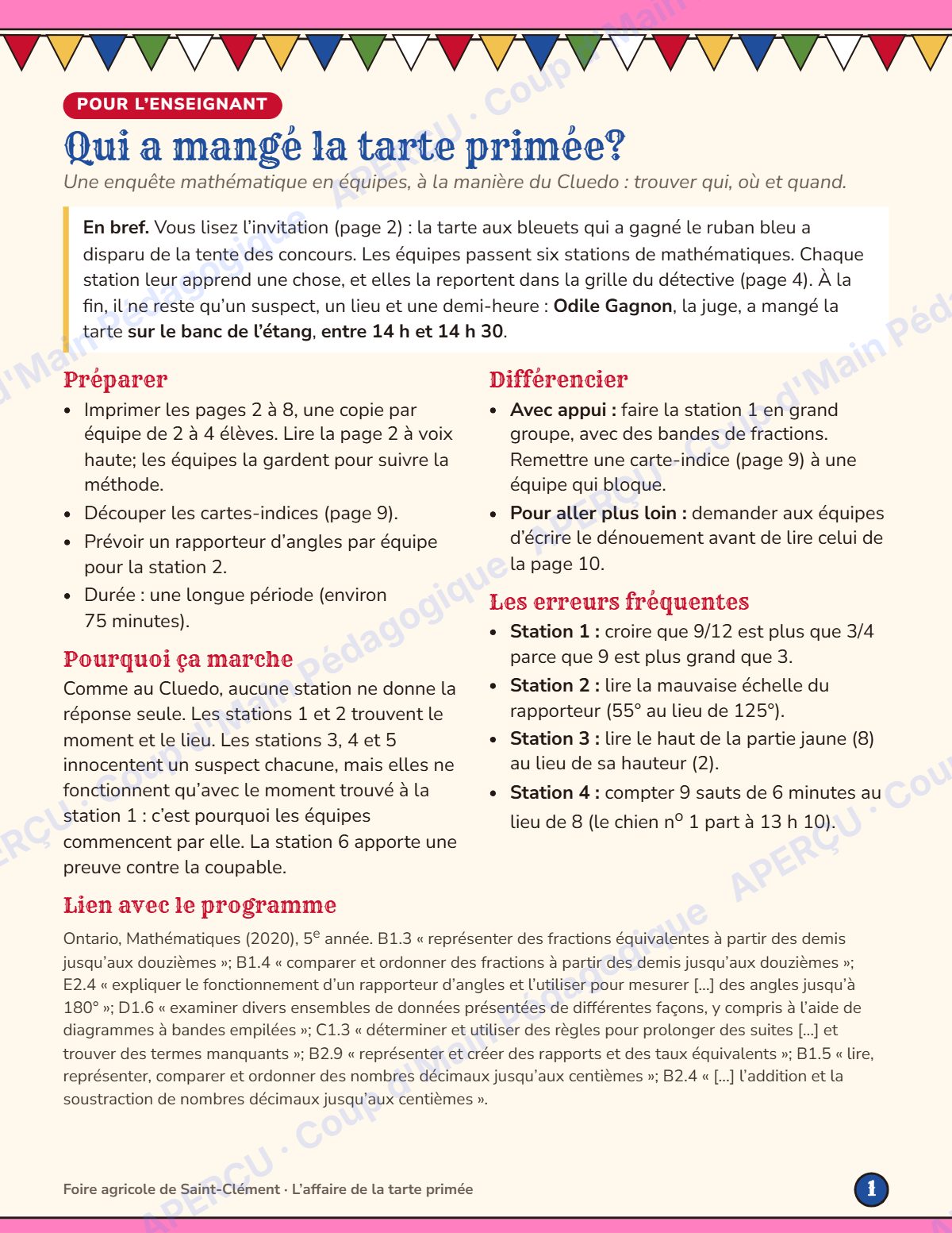 Page 1 — Enquête mathématique — 5e année, la tarte primée