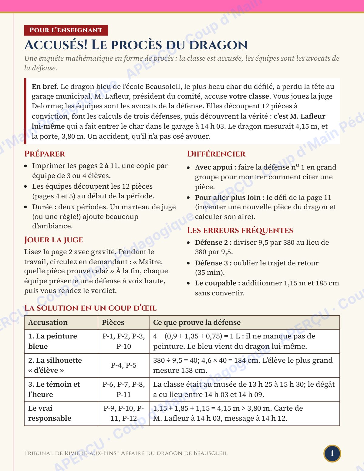 Page 1 — Enquête mathématique — 6e année, le procès du dragon