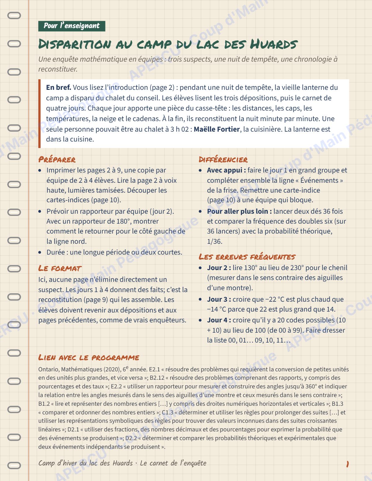 Page 1 — Enquête mathématique — 6e année, le lac des Huards