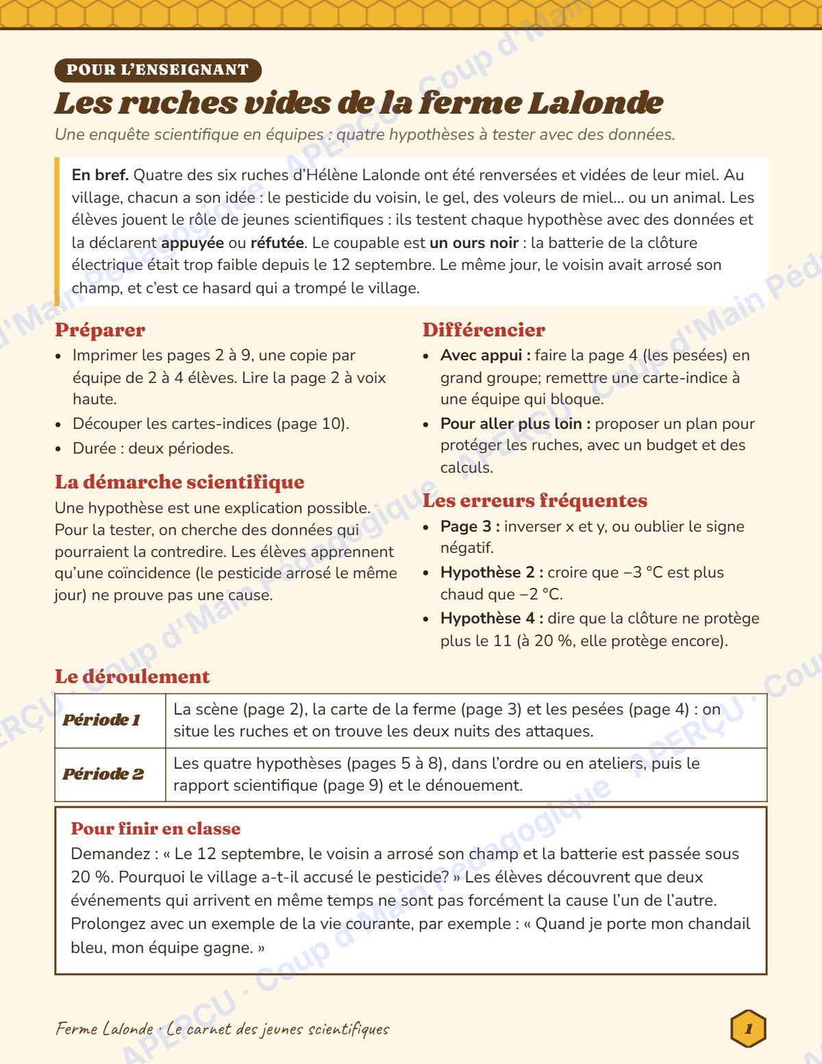Page 1 — Enquête mathématique — 6e année, les ruches vides