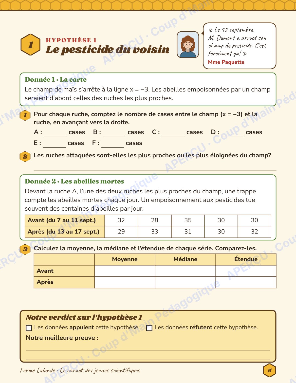 Page 5 — Enquête mathématique — 6e année, les ruches vides