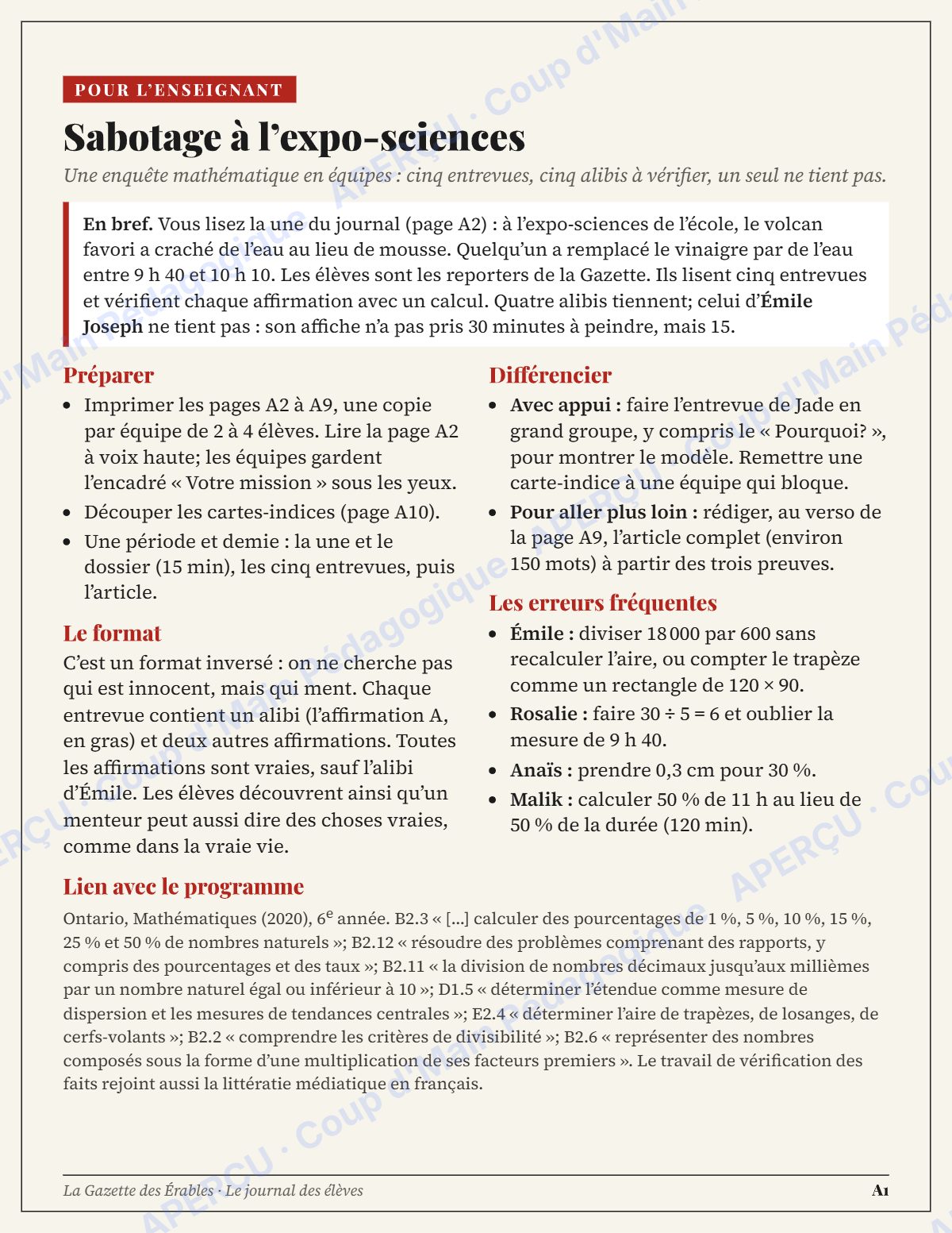 Page 1 — Enquête mathématique — 6e année, l'expo-sciences sabotée