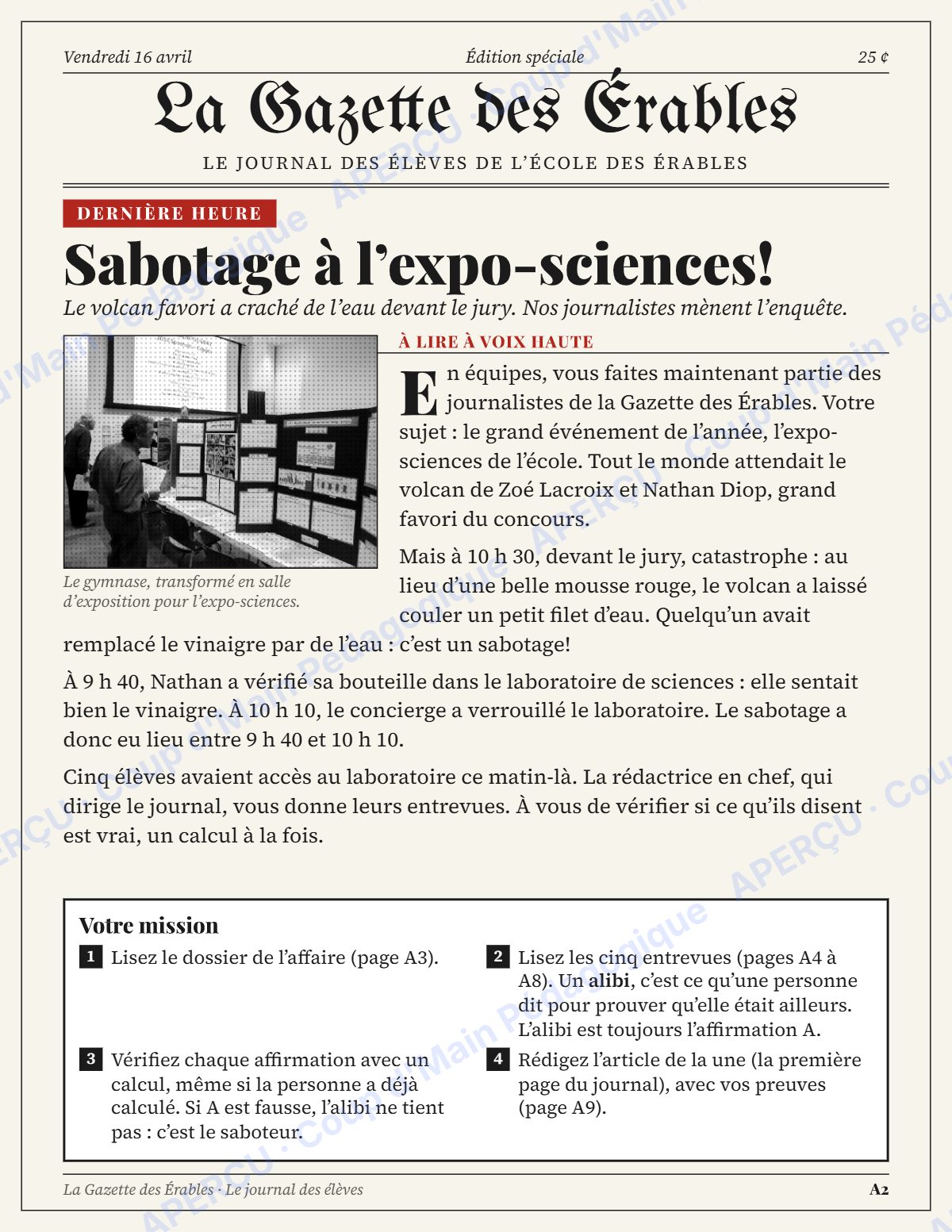 Page 2 — Enquête mathématique — 6e année, l'expo-sciences sabotée