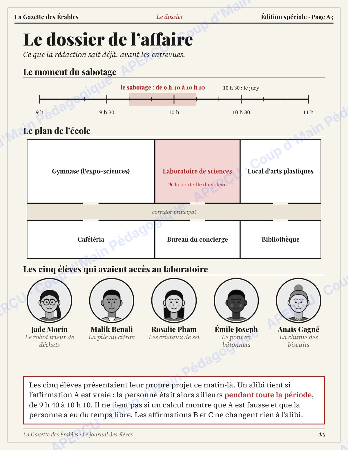 Page 3 — Enquête mathématique — 6e année, l'expo-sciences sabotée