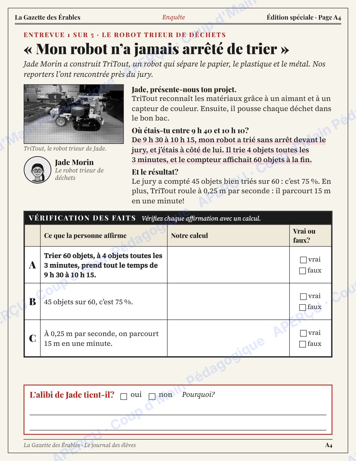Page 4 — Enquête mathématique — 6e année, l'expo-sciences sabotée