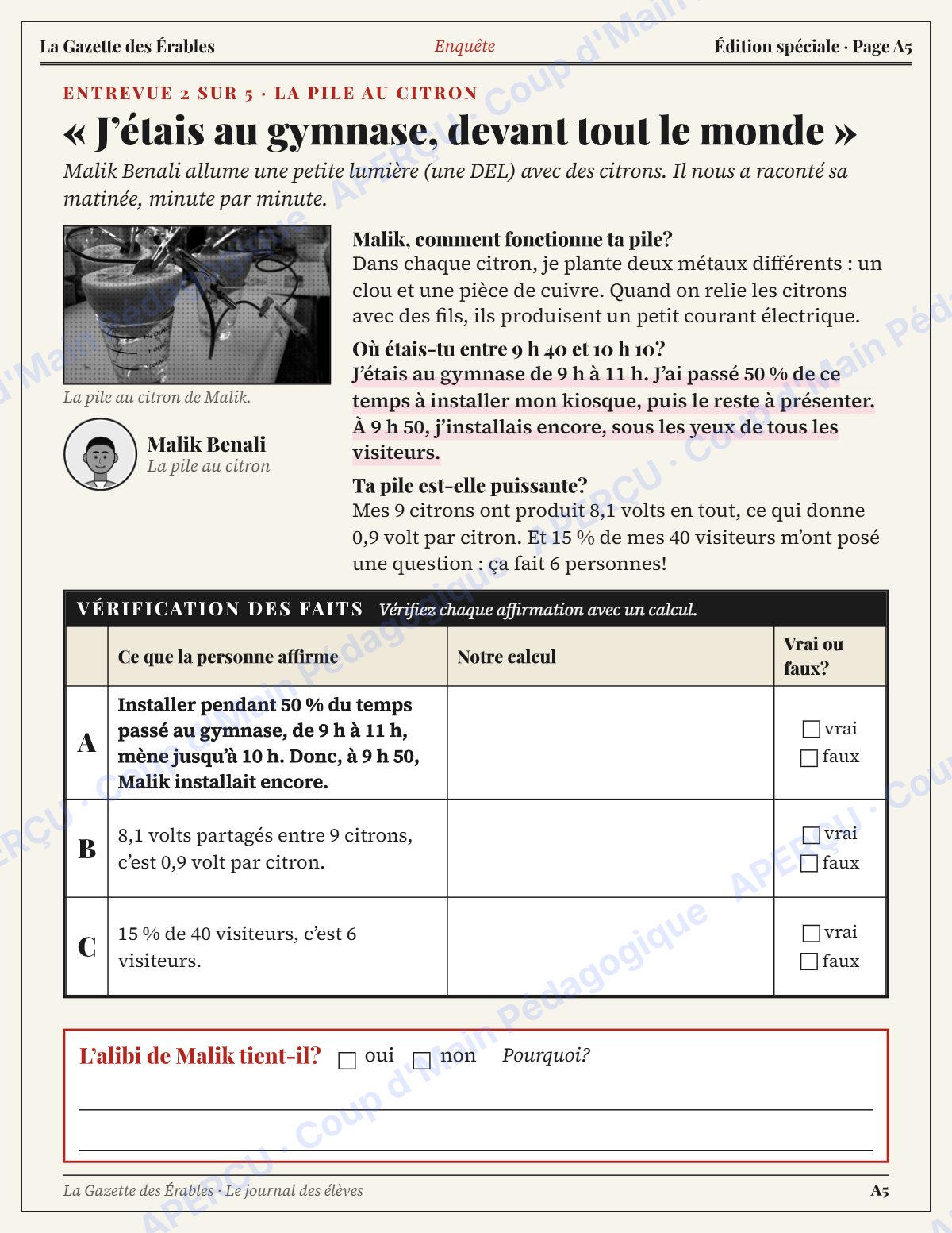 Page 5 — Enquête mathématique — 6e année, l'expo-sciences sabotée
