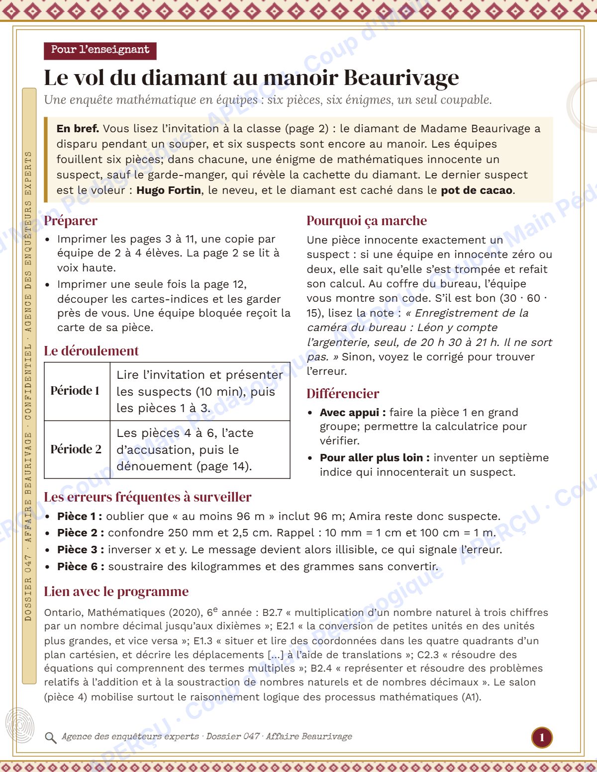 Page 1 — Enquête mathématique — 6e année, le diamant