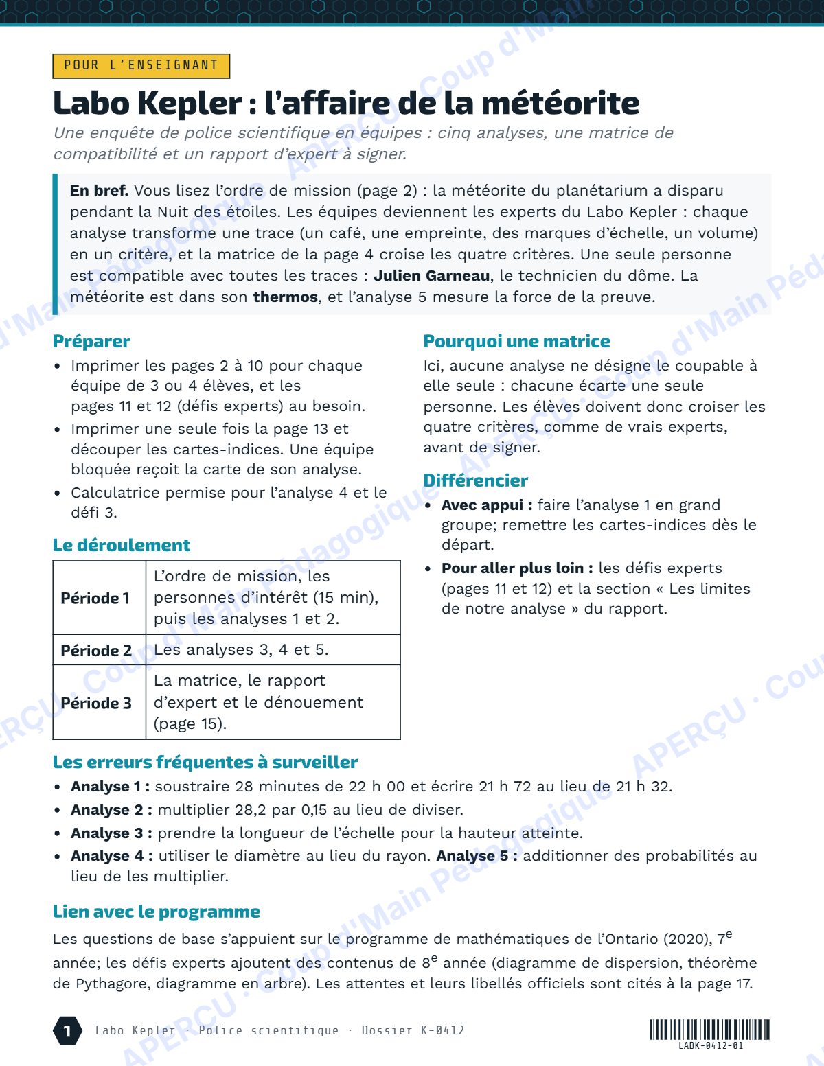 Page 1 — Enquête mathématique — 7e-8e année, Labo Kepler