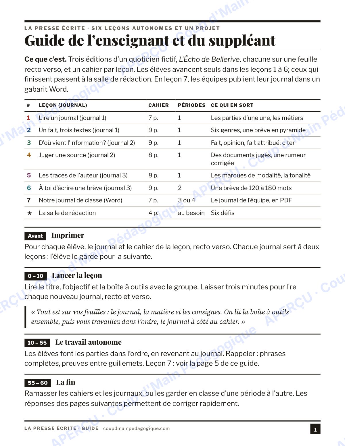 Page 1 — La presse écrite — 11e-12e année, cahier autonome