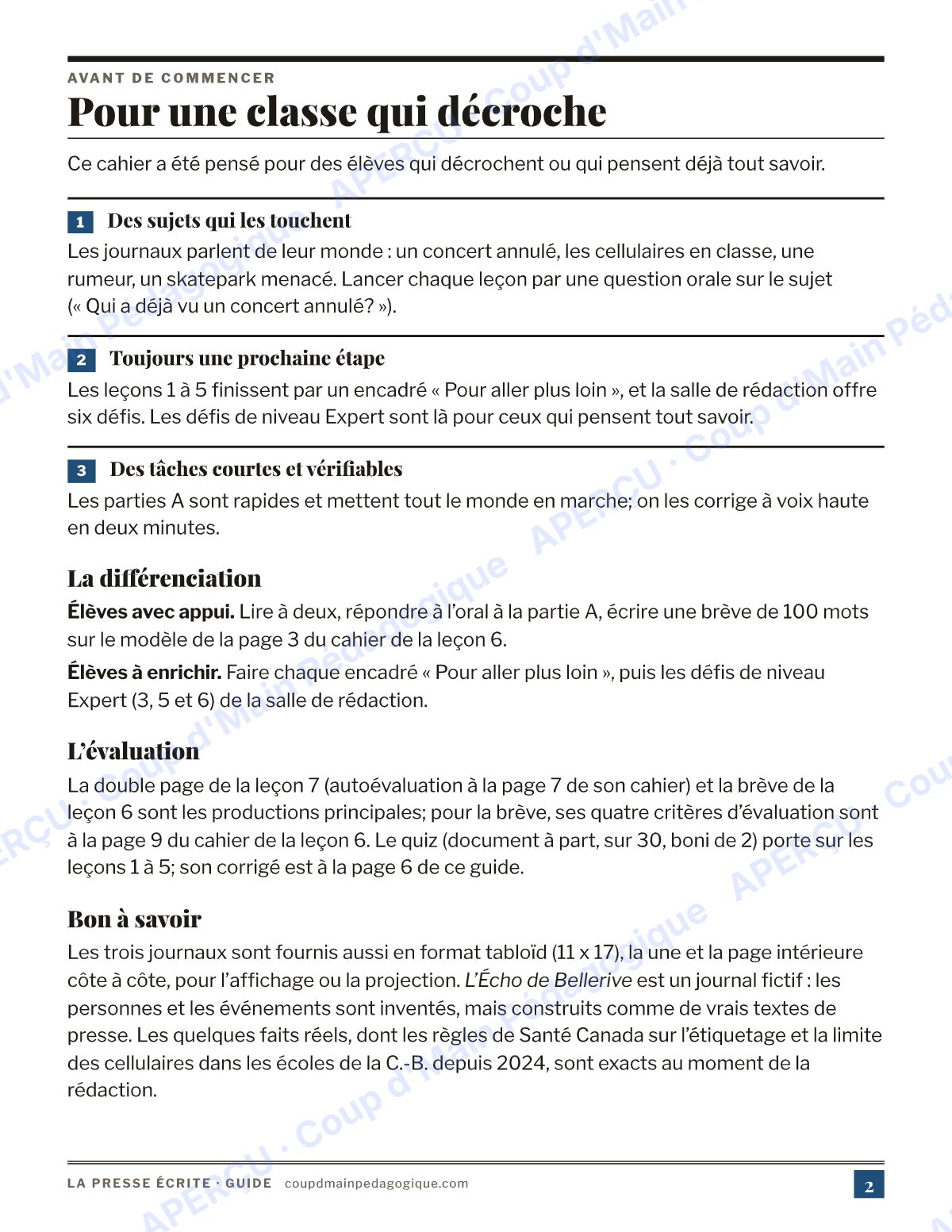 Page 2 — La presse écrite — 11e-12e année, cahier autonome