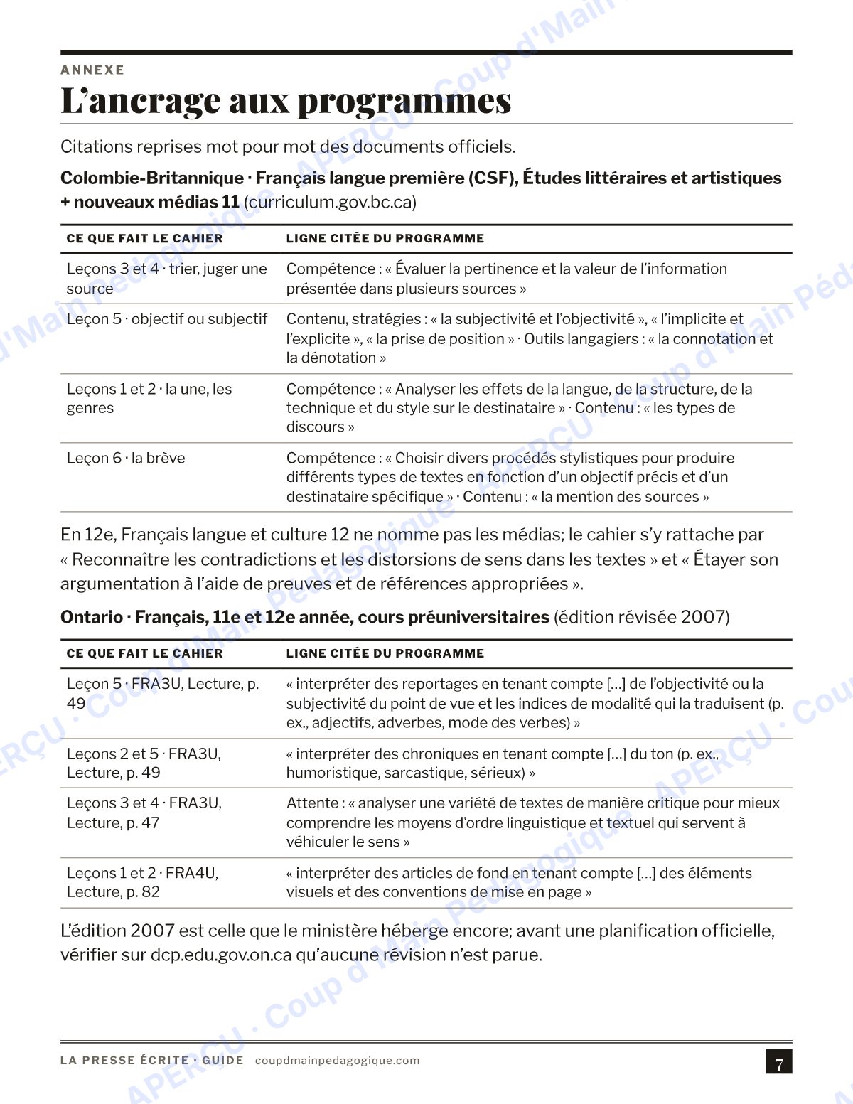 Page 7 — La presse écrite — 11e-12e année, cahier autonome