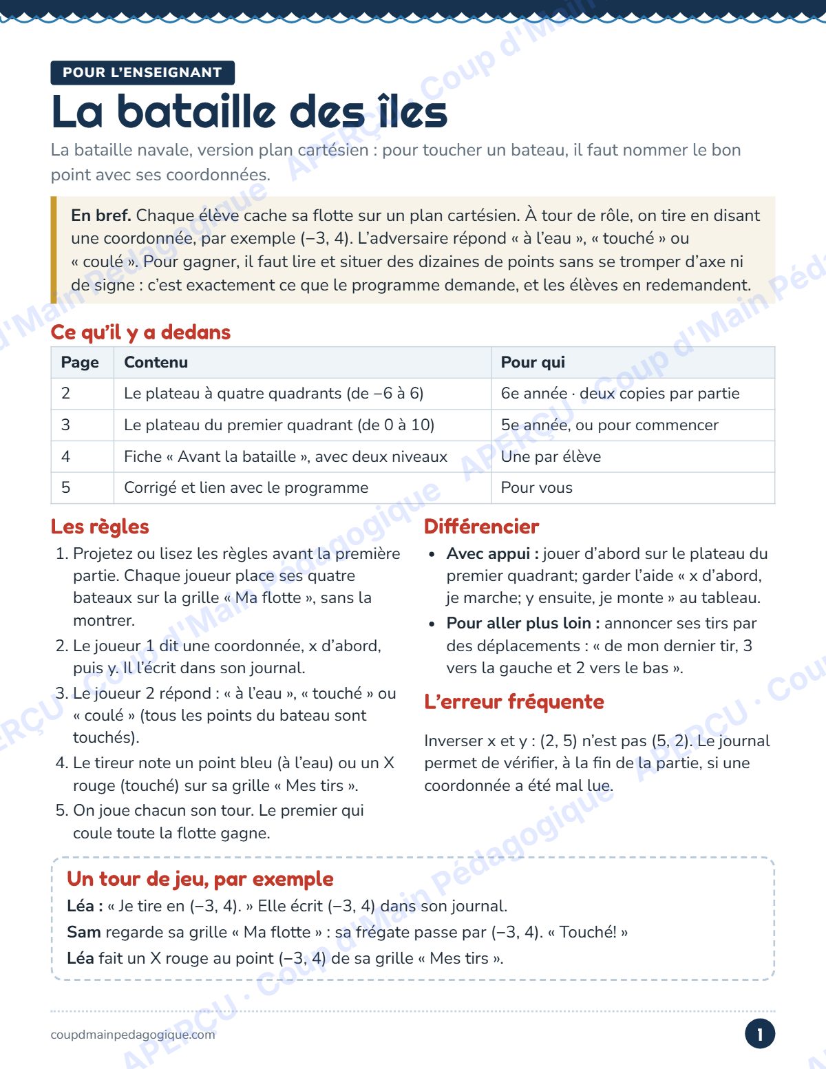 Page 1 — La bataille des îles — 5e-6e année, plan cartésien
