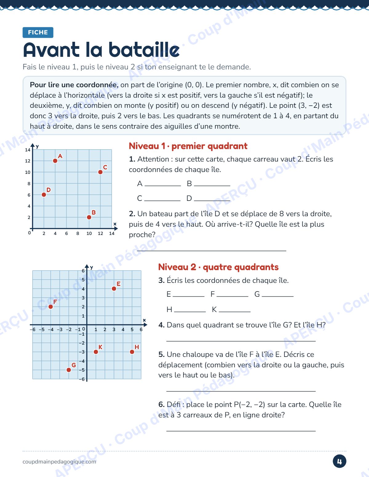 Page 4 — La bataille des îles — 5e-6e année, plan cartésien