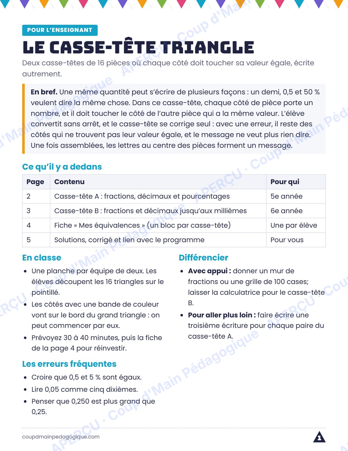 Page 1 — Casse-tête des équivalences — 5e-6e année, fractions