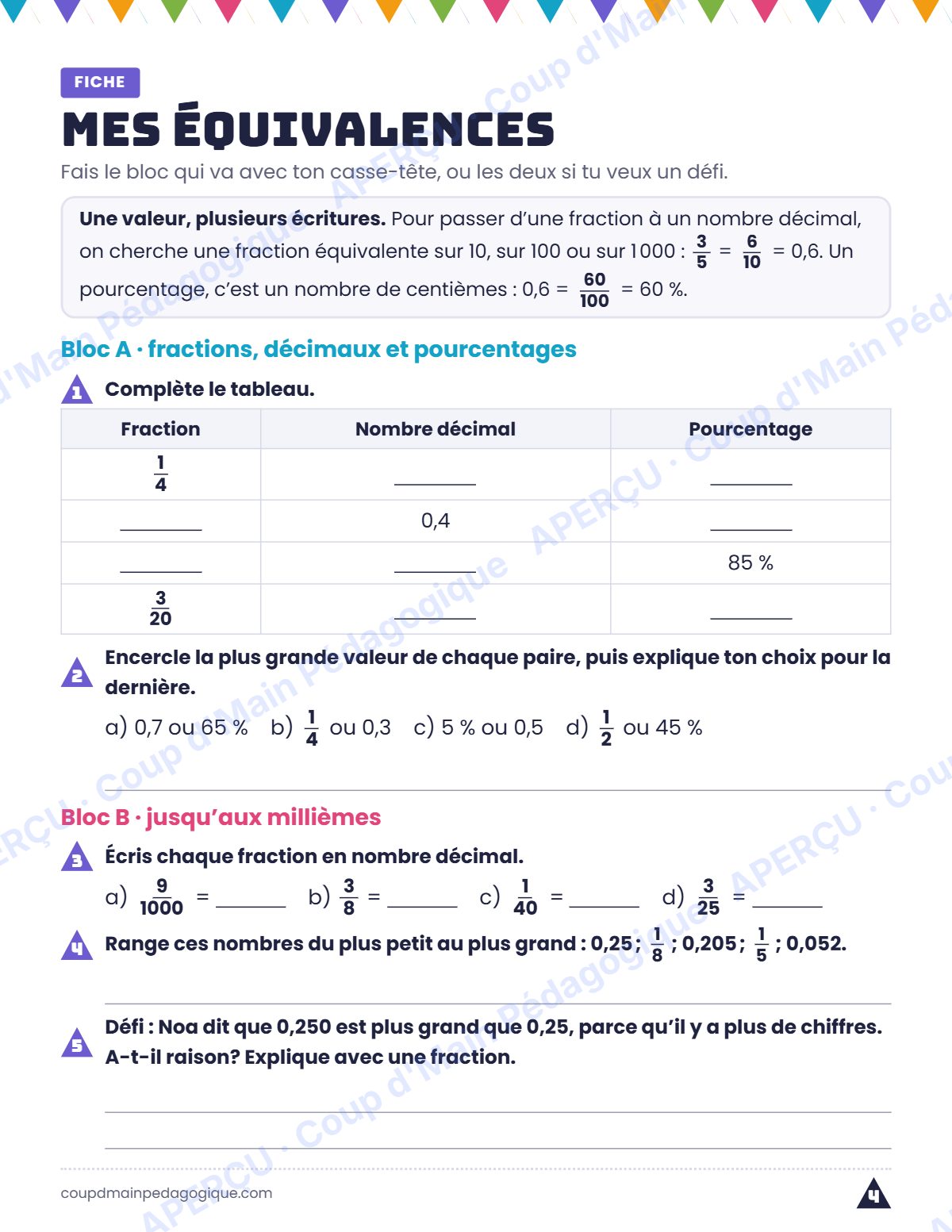 Page 4 — Casse-tête des équivalences — 5e-6e année, fractions