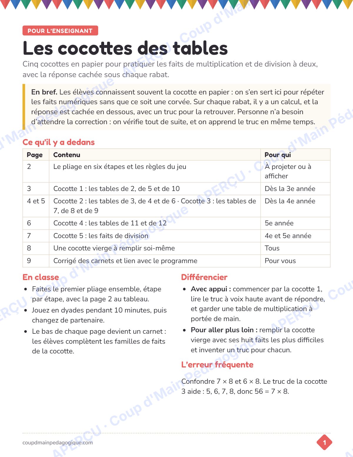 Page 1 — Cocottes de multiplication — 3e-5e année, jeux