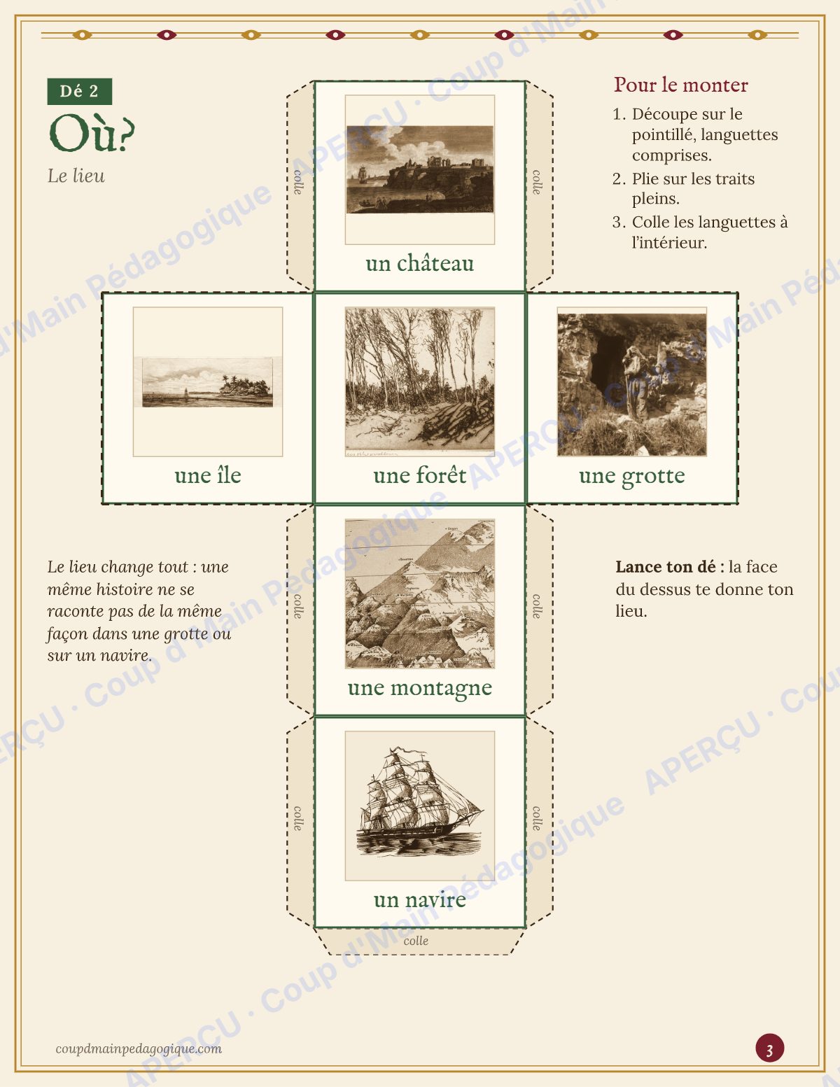 Page 3 — Dés Qui? Où? Oh non! — 3e-6e année, écrire un récit