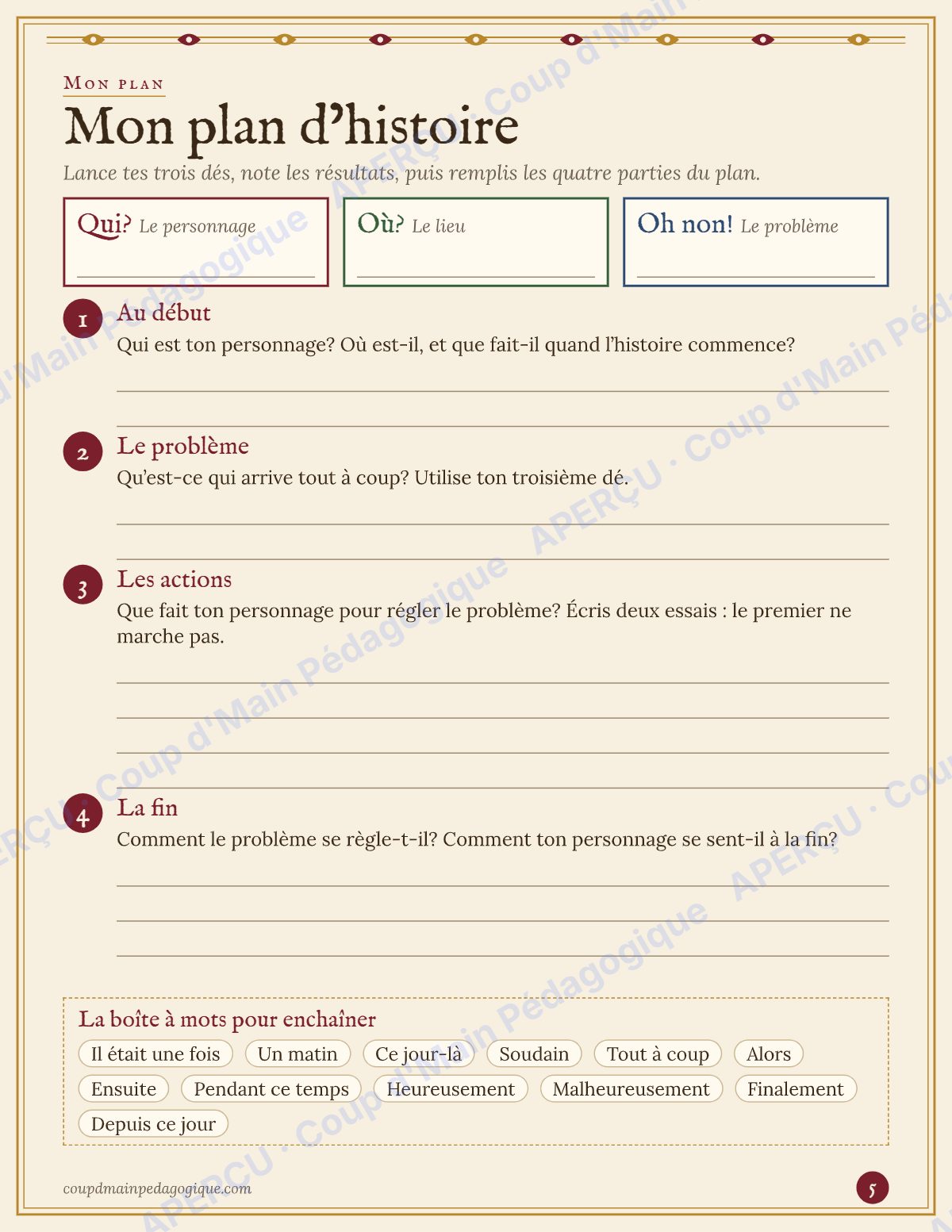 Page 5 — Dés Qui? Où? Oh non! — 3e-6e année, écrire un récit