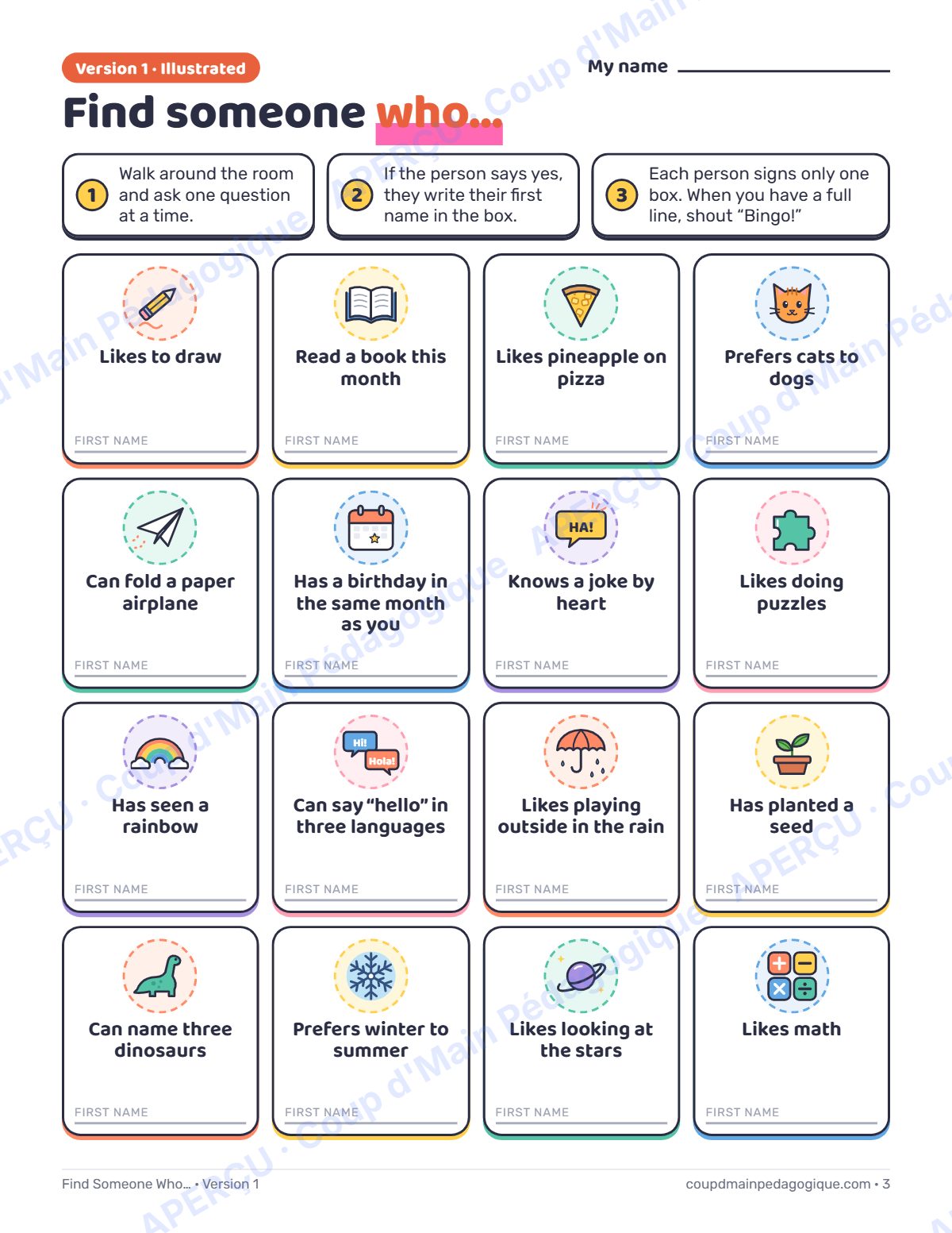 Page 3 — Bingo « Find Someone Who » (anglais) — gratuit