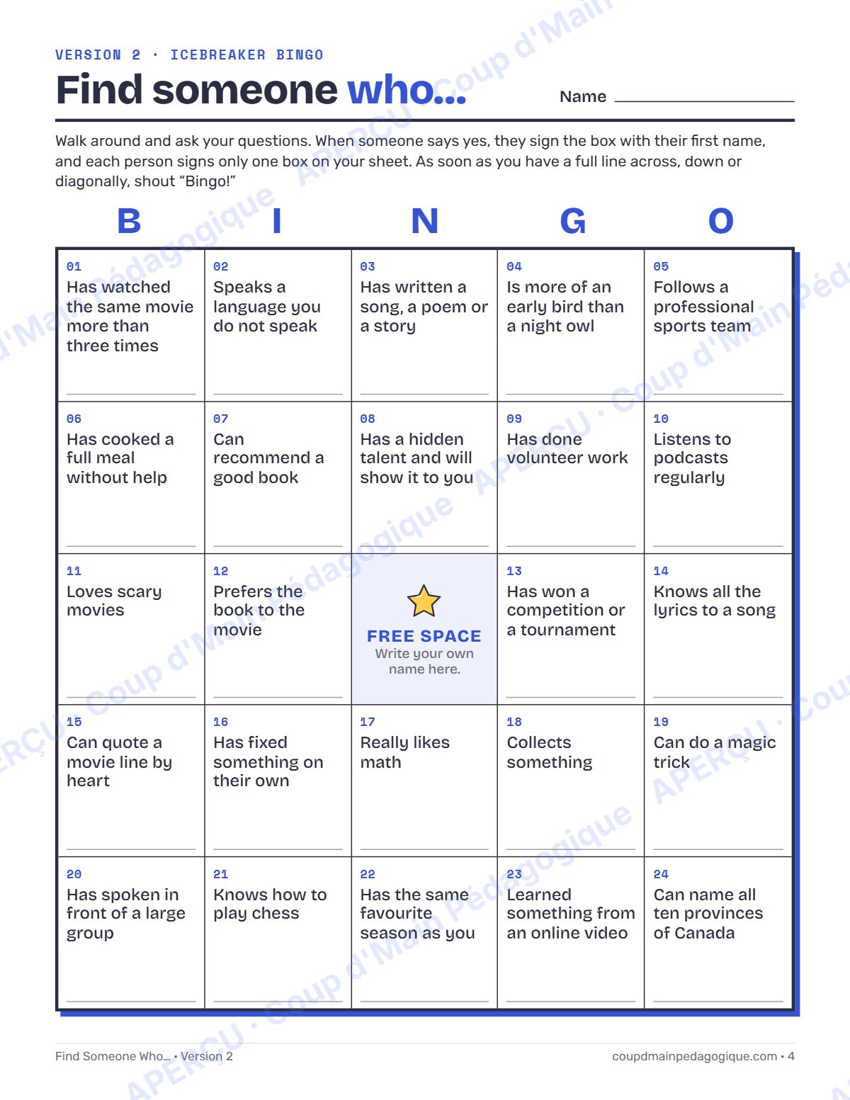 Page 4 — Bingo « Find Someone Who » (anglais) — gratuit