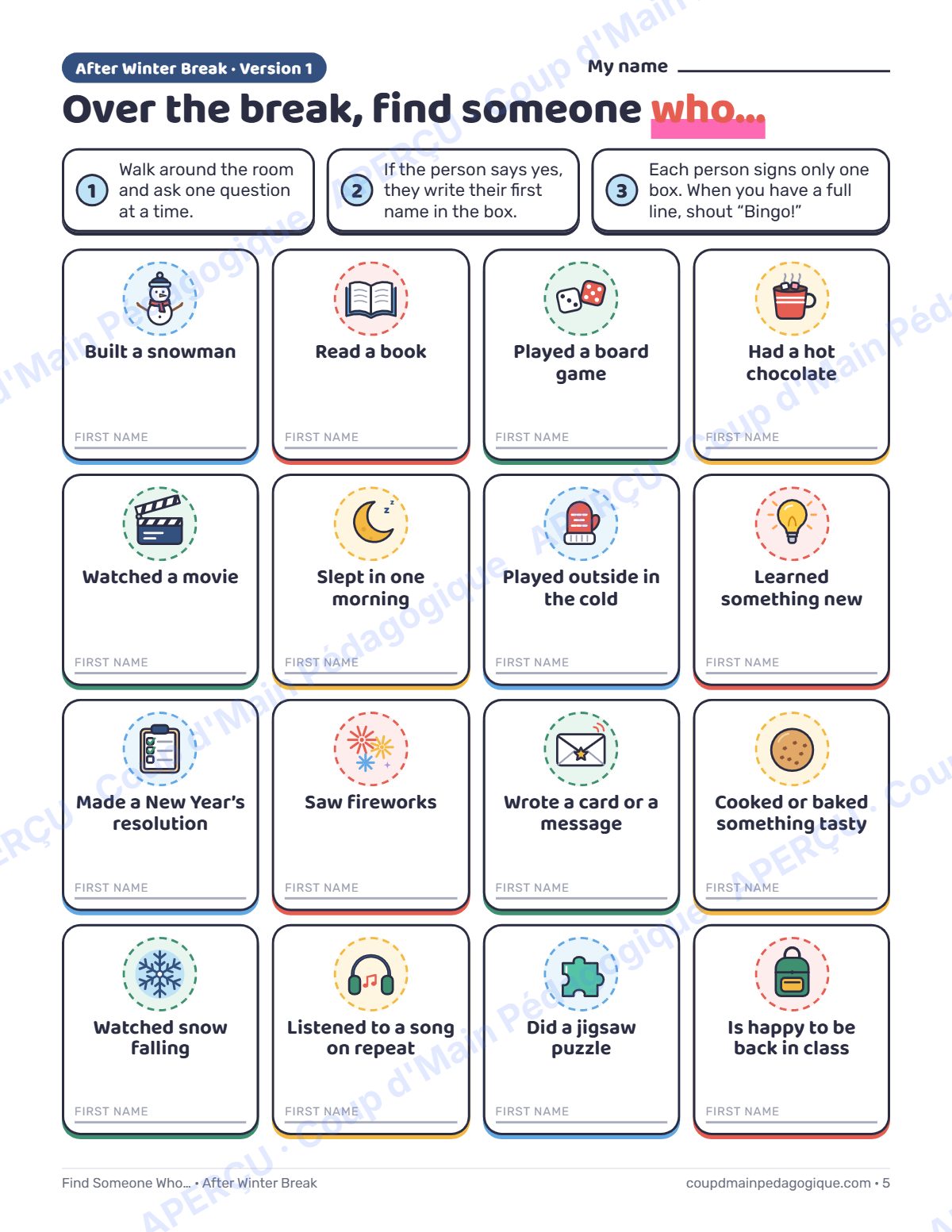 Page 5 — Bingo « Find Someone Who » (anglais) — gratuit